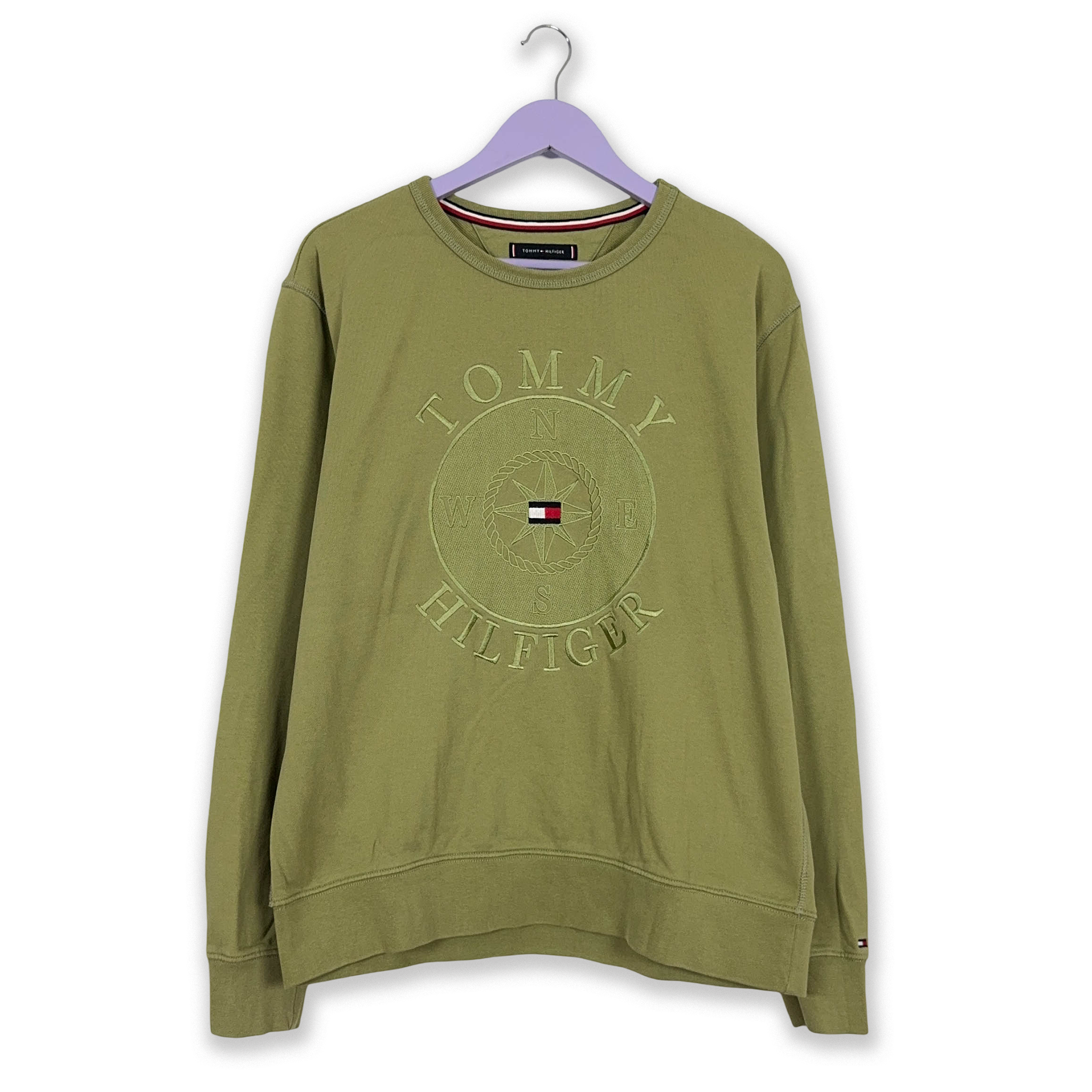 Felpa Tommy Hilfiger verde a girocollo in cotone con logo ricamato - Taglia XL uomo