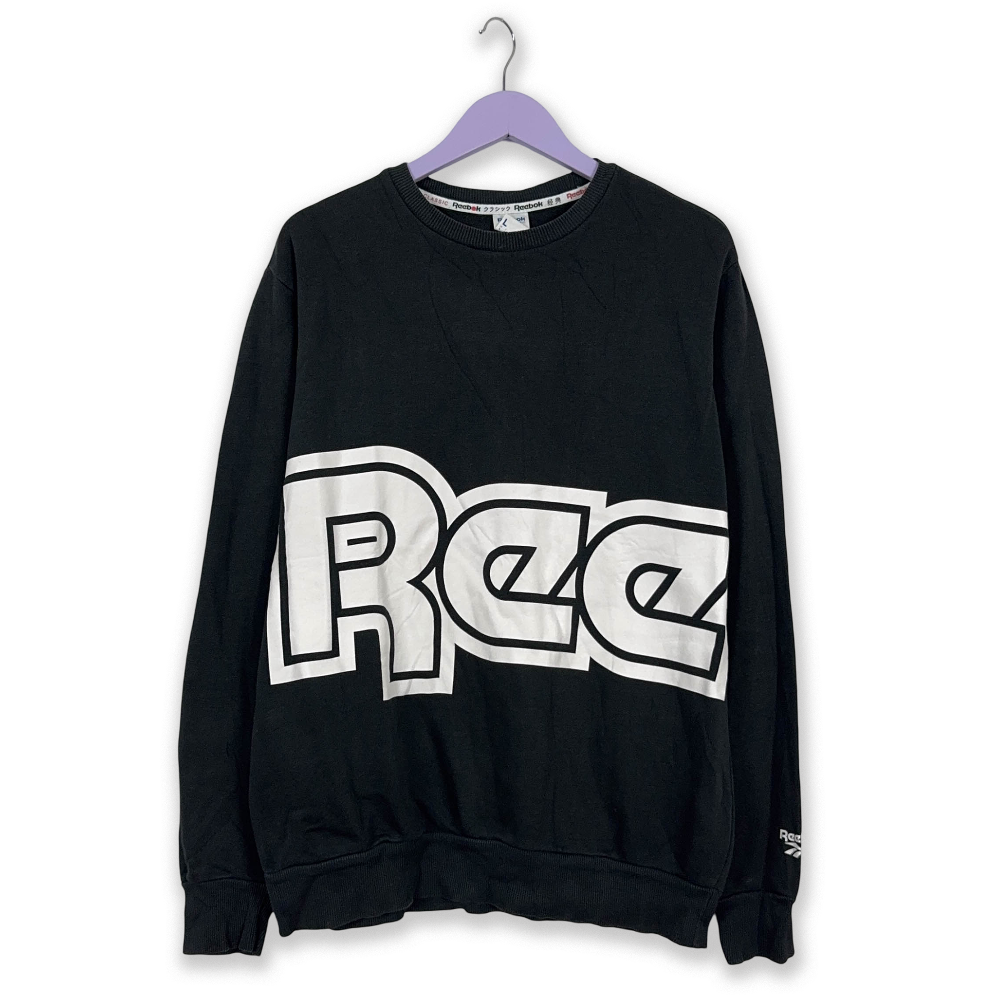 Felpa Reebok nera a girocollo in cotone logo stampato grande - Taglia L uomo