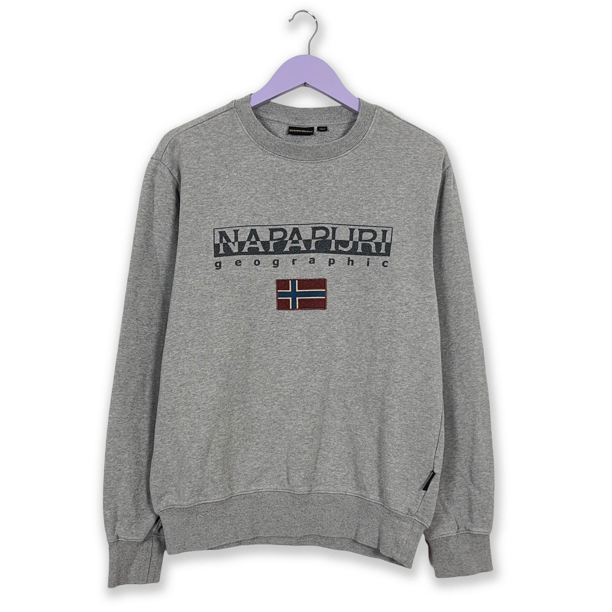 Felpa Napapijri grigia in cotone a girocollo con stampa e patch - Taglia M uomo