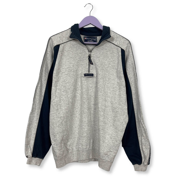 Felpa Champion Vintage grigia e blu quarter zip 60% cotone anni 2000 - Taglia L/XL uomo