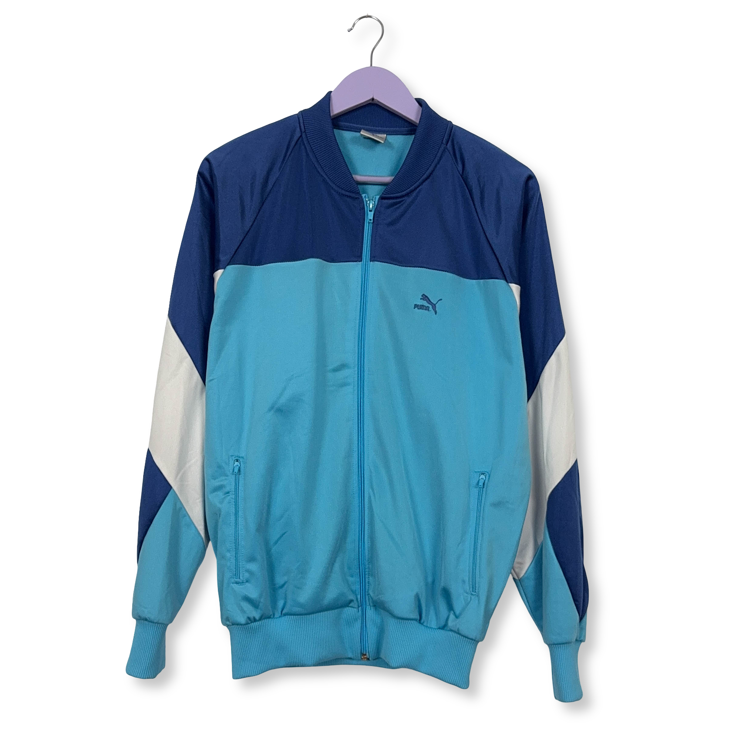 Felpa Puma Vintage azzurra e blu con zip e logo ricamato anni 90 - Taglia 6 uomo