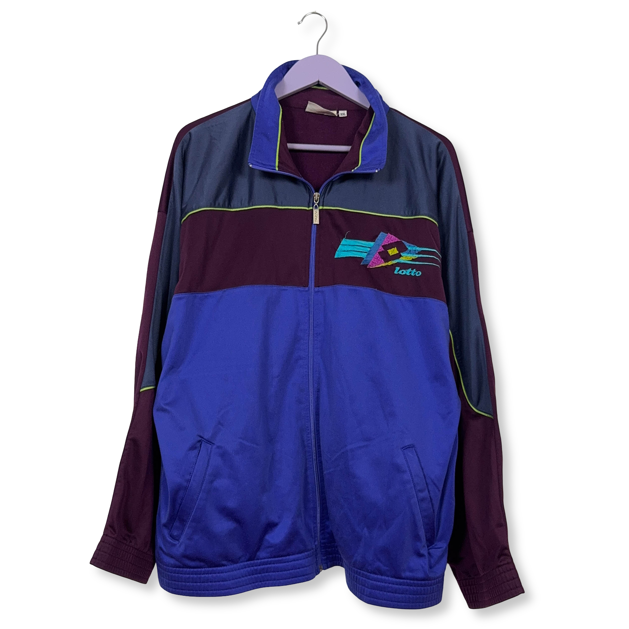 Felpa Lotto Vintage blu e bordeaux con zip e logo ricamato anni 80 - Taglia XXL uomo