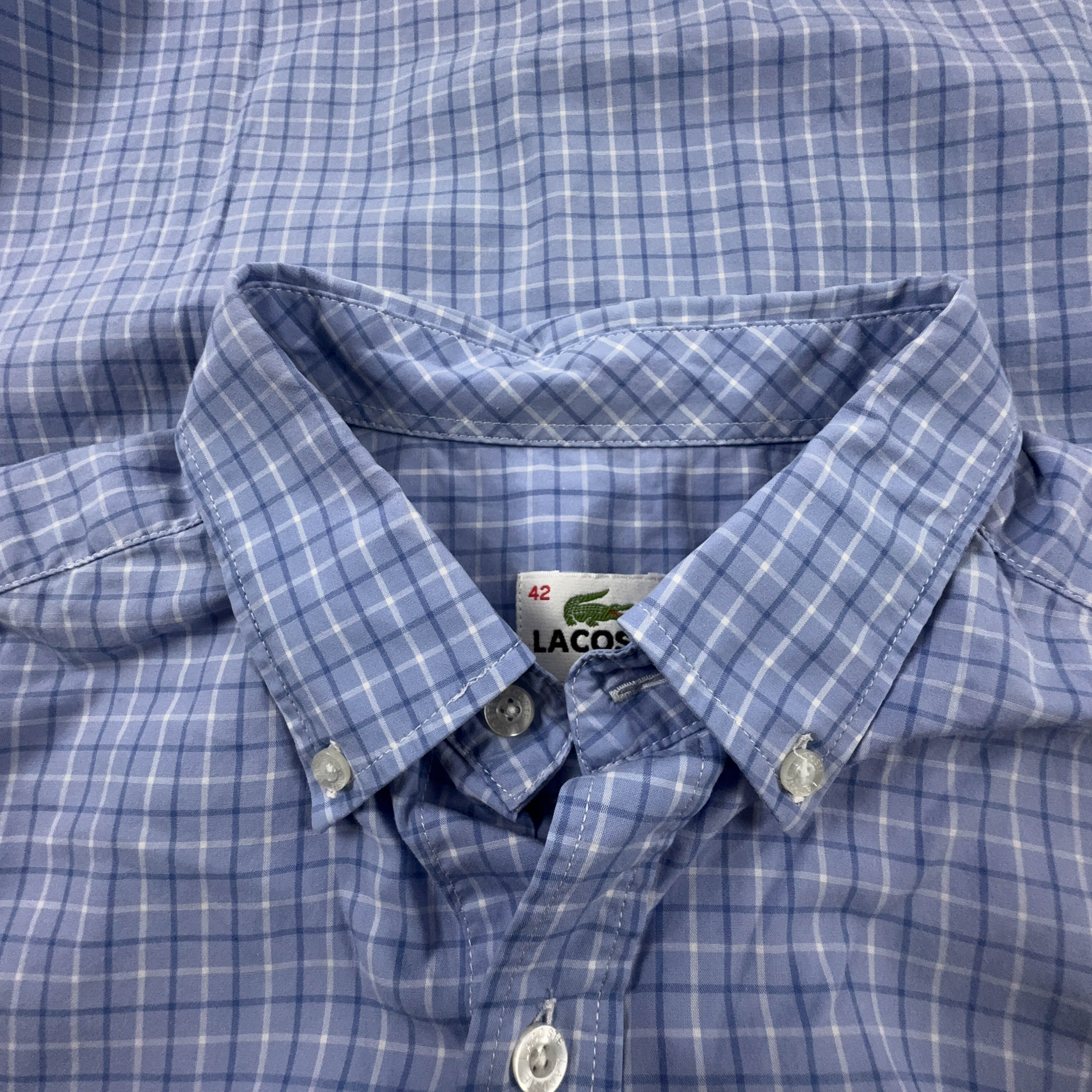 Camicia Lacoste blu e bianca a quadri in cotone manica corta slim fit - Taglia 42 uomo