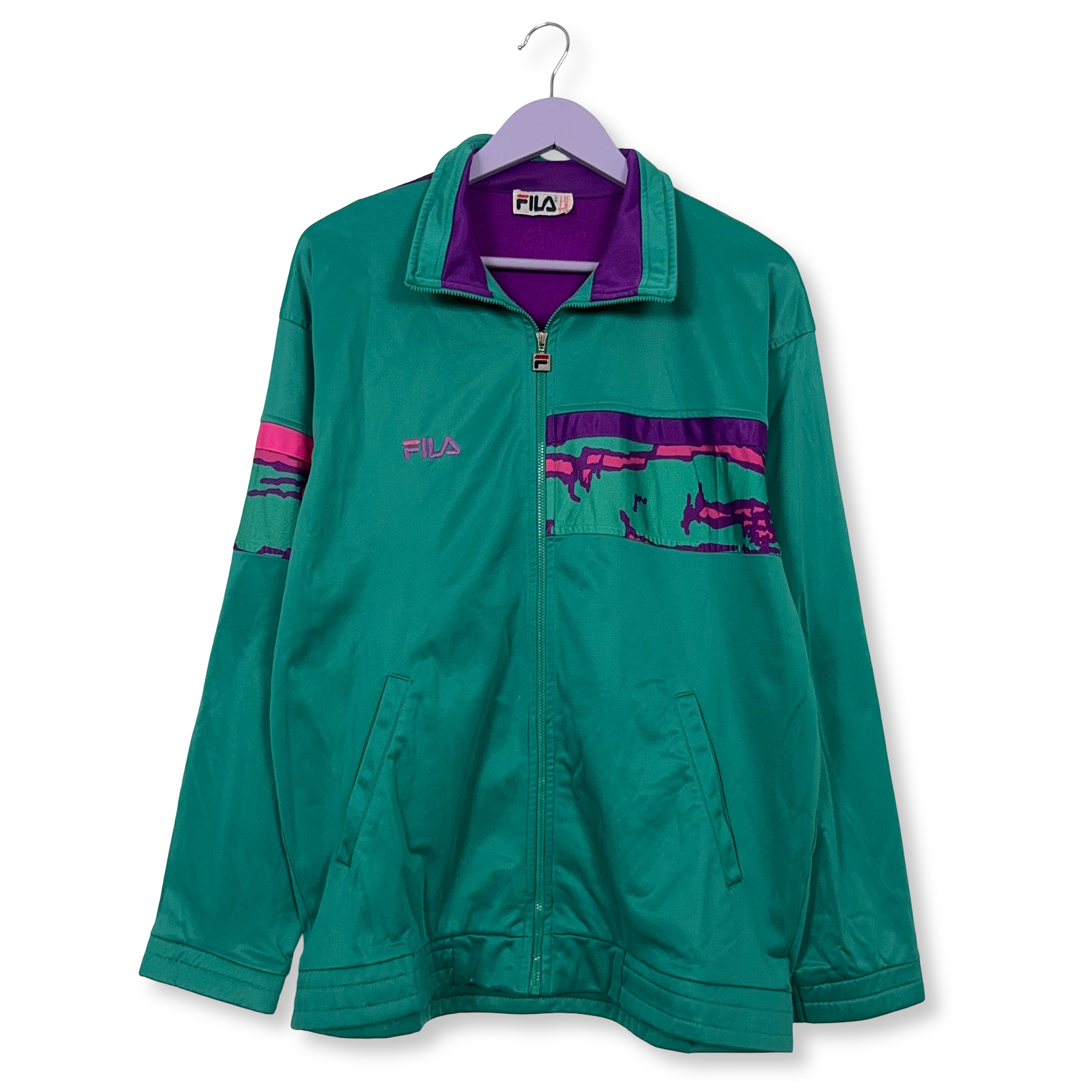 Felpa Fila Vintage verde e viola con zip anni 90 - Taglia 52 uomo