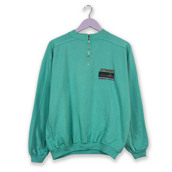 Felpa Vintage verde acqua a girocollo quarter zip con stampa Offshore - Taglia L/XL uomo