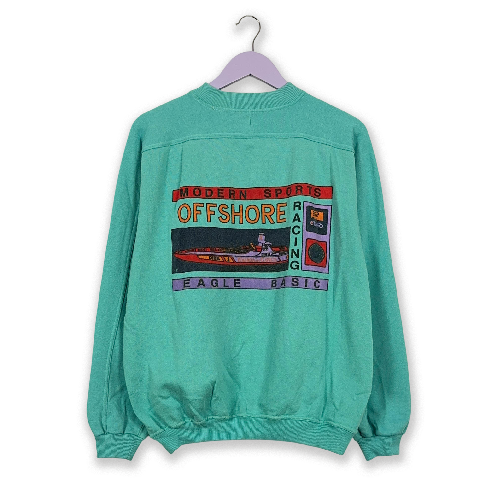 Felpa Vintage verde acqua a girocollo quarter zip con stampa Offshore - Taglia L/XL uomo