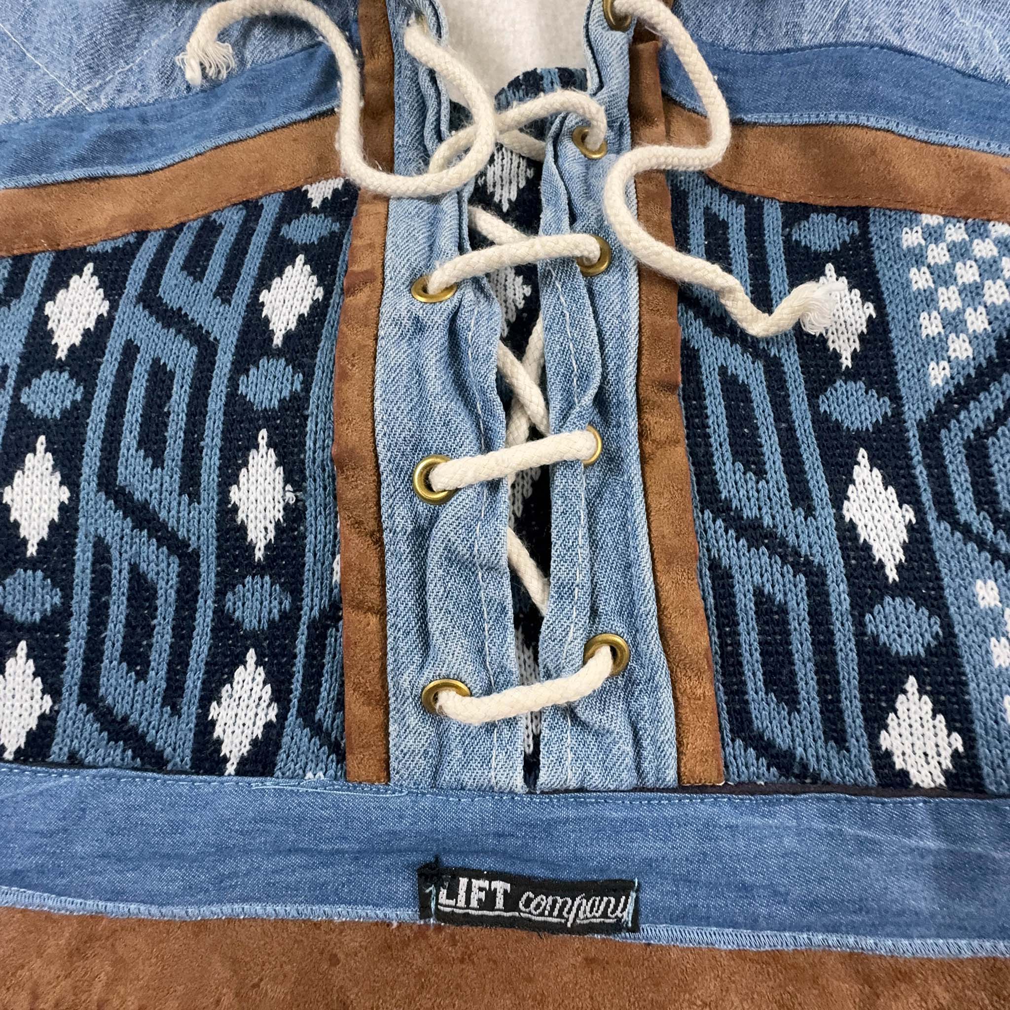 Felpa Vintage blu e bianca con inserti in pelle stile azteco anni 80 - Taglia L uomo