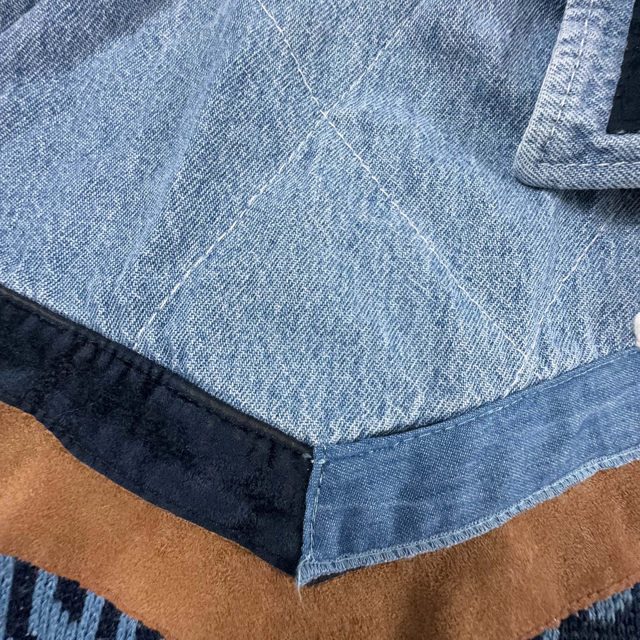 Felpa Vintage blu e bianca con inserti in pelle stile azteco anni 80 - Taglia L uomo