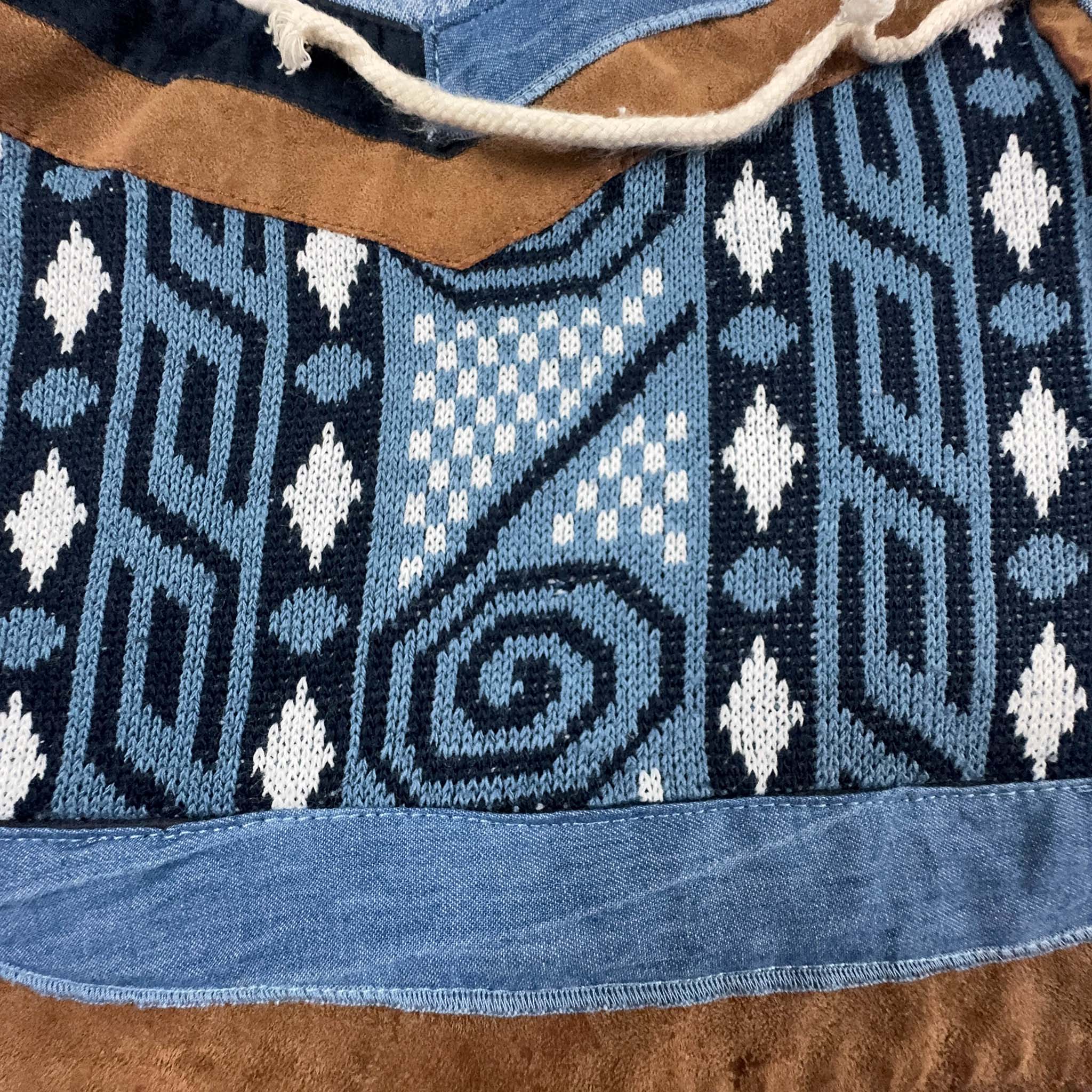 Felpa Vintage blu e bianca con inserti in pelle stile azteco anni 80 - Taglia L uomo