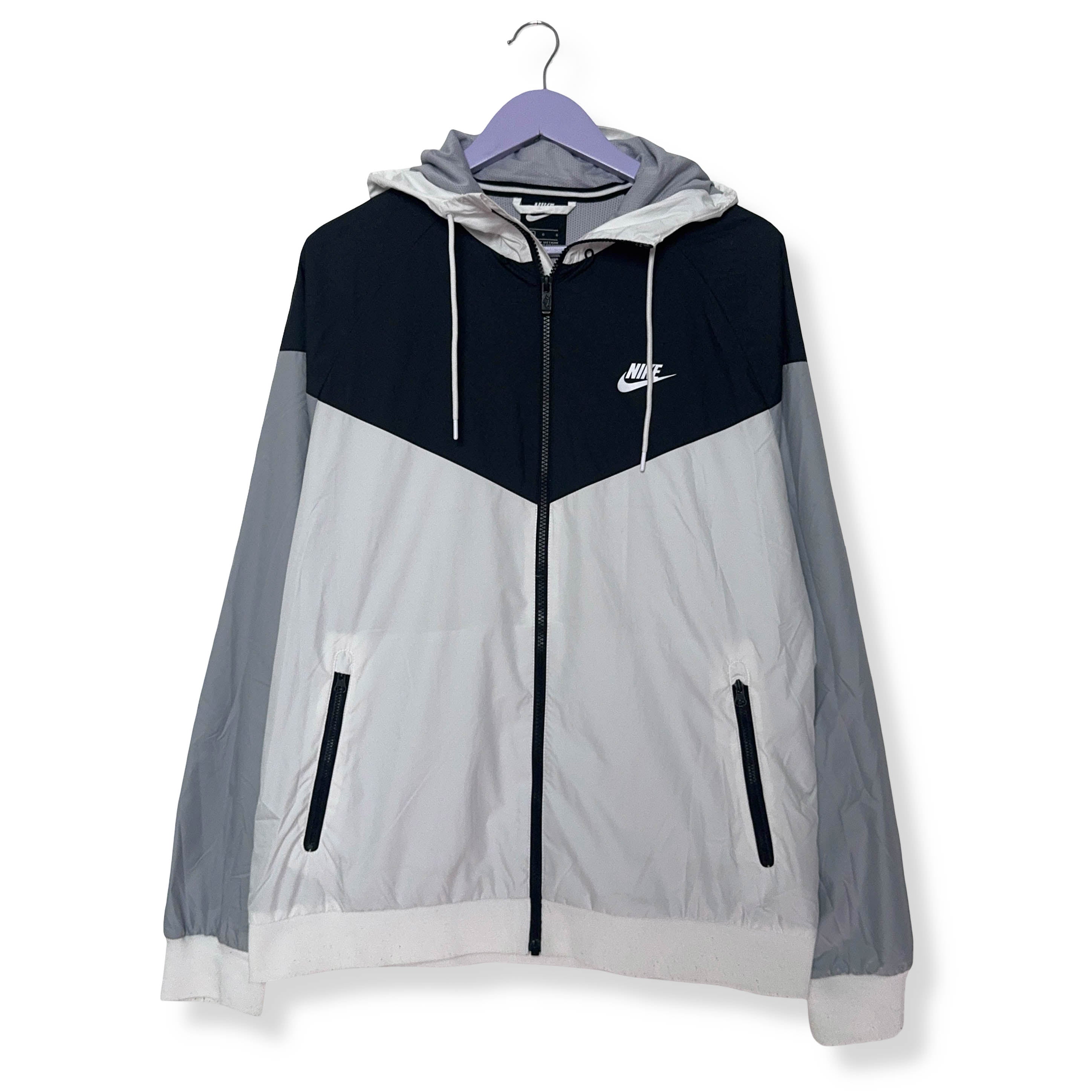 Giacca a vento Nike bianca nera e grigia con zip e cappuccio - Taglia L uomo