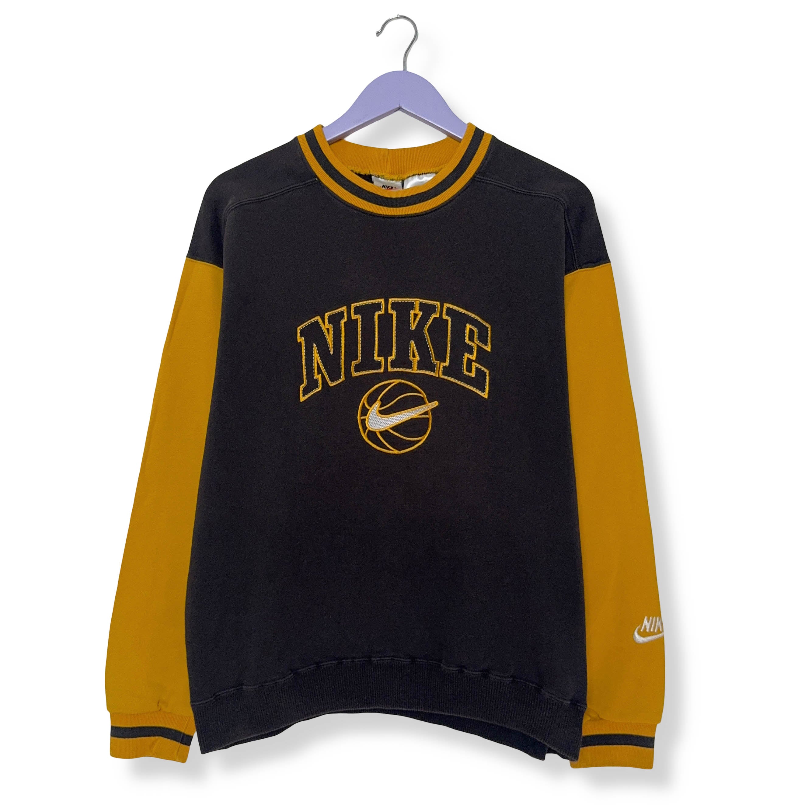Felpa Nike Vintage nera e gialla a girocollo con ricamo - Taglia S/M uomo