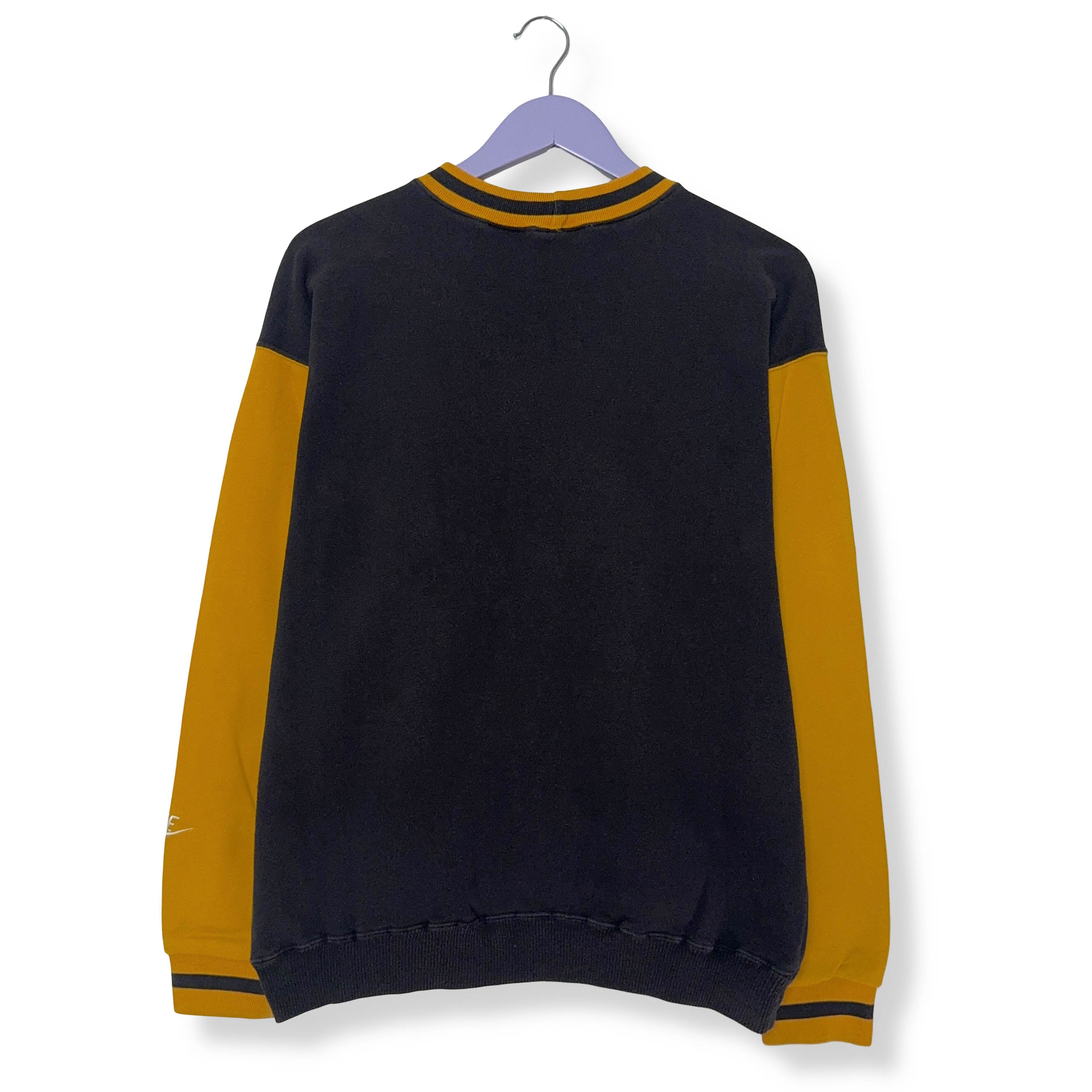 Felpa Nike Vintage nera e gialla a girocollo con ricamo - Taglia S/M uomo
