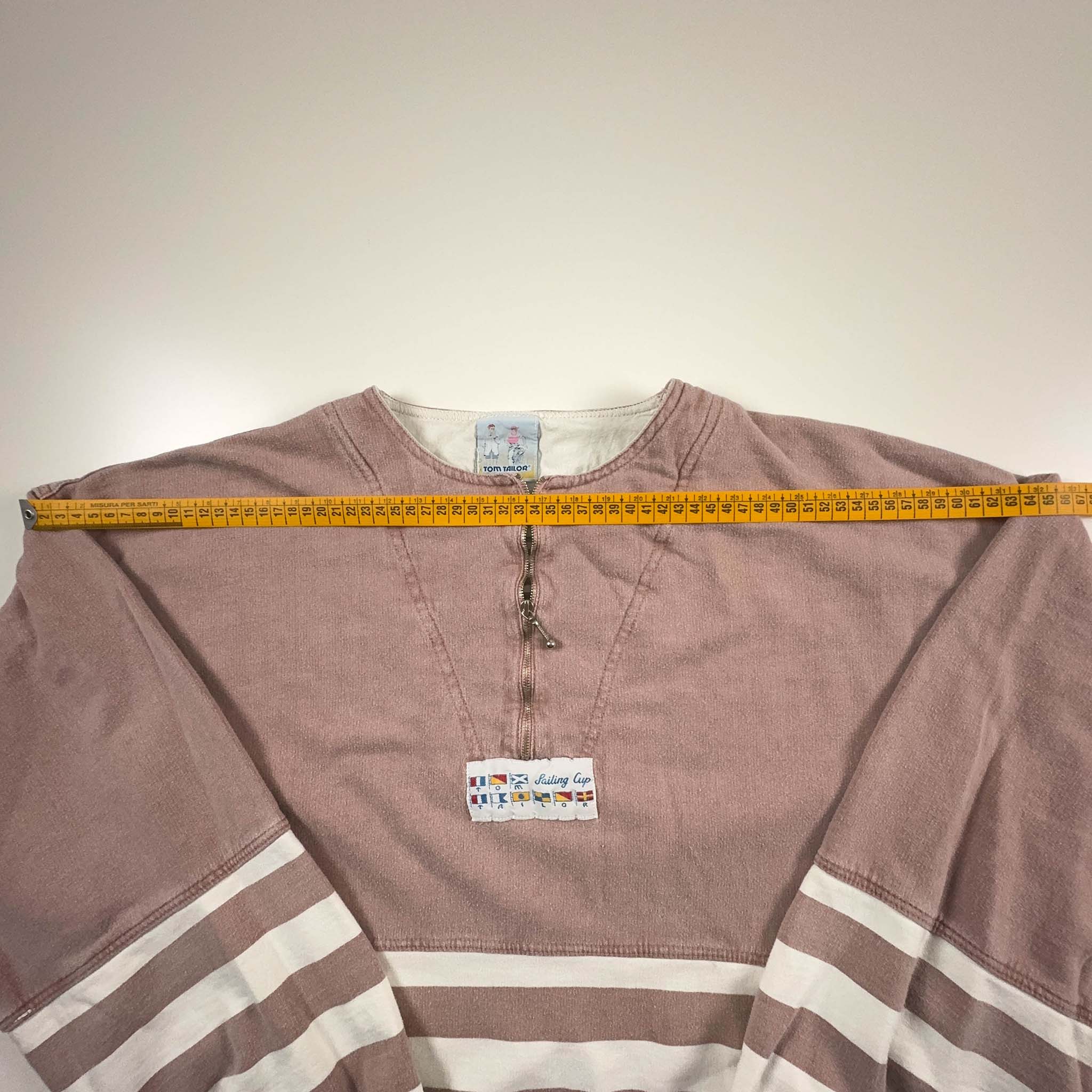 Felpa Vintage Tom Tailor rosa e bianca a girocollo con zip anni 80 - Taglia L/XL uomo