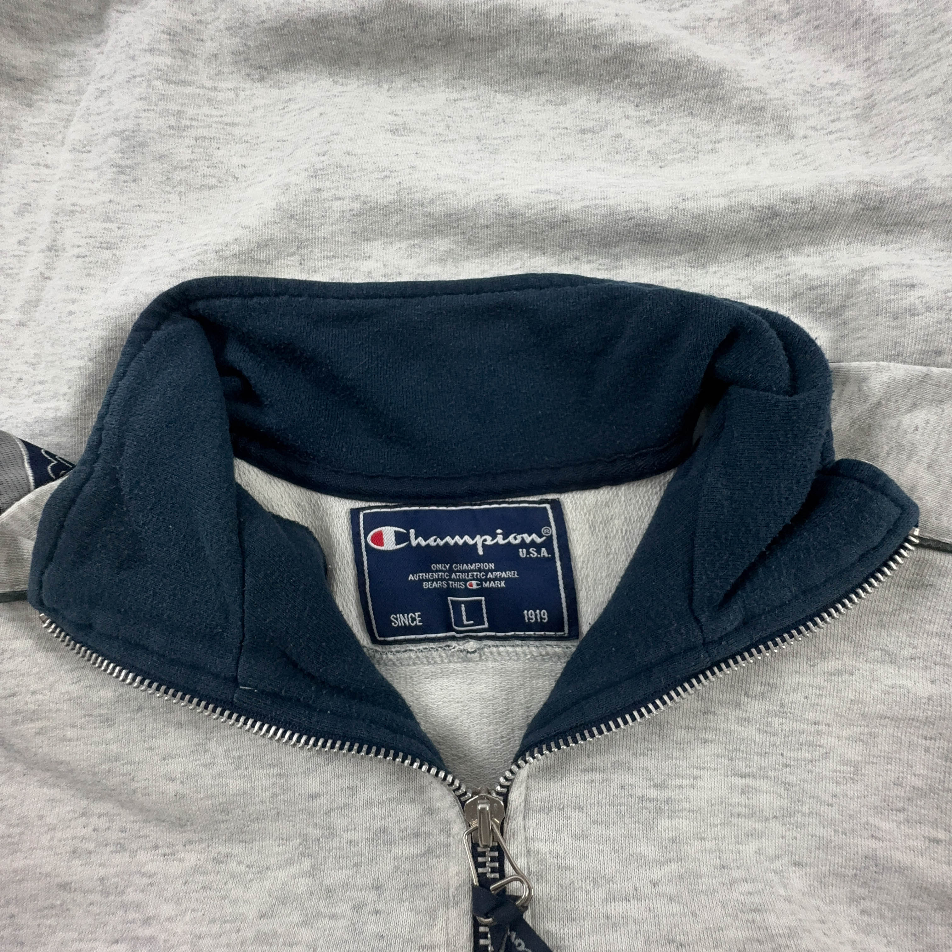 Felpa Champion Vintage grigia e blu quarter zip 60% cotone anni 2000 - Taglia L/XL uomo