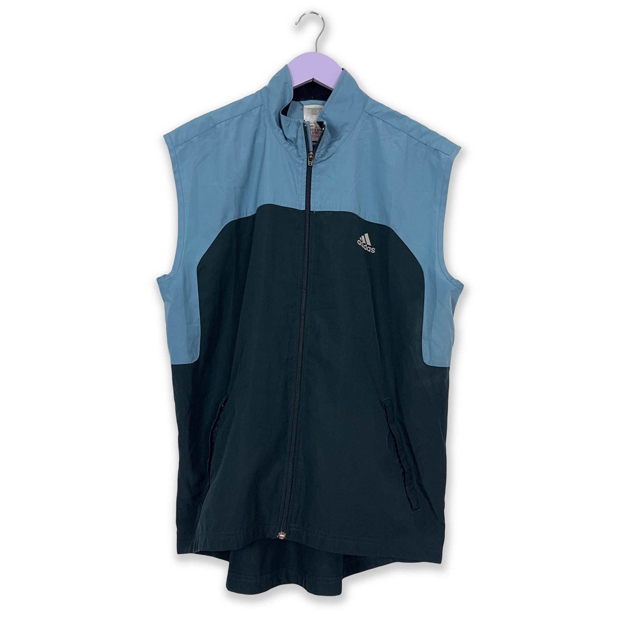 Giacca a vento smanicata Adidas Vintage blu e blu scuro con zip anni 2000 - Taglia L uomo