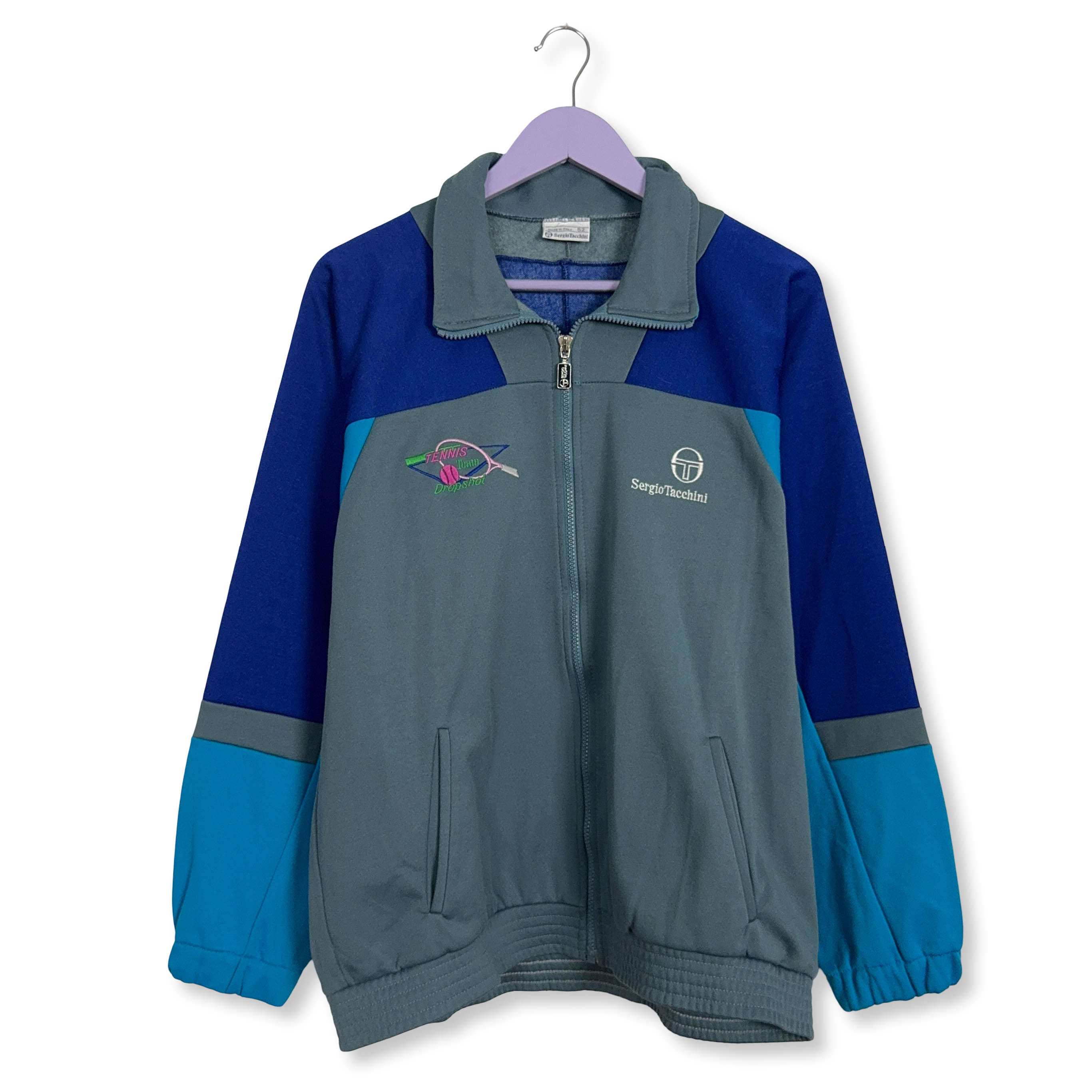 Felpa Sergio Tacchini Vintage grigia e blu con zip 30% cotone anni 90  - Taglia 52 uomo