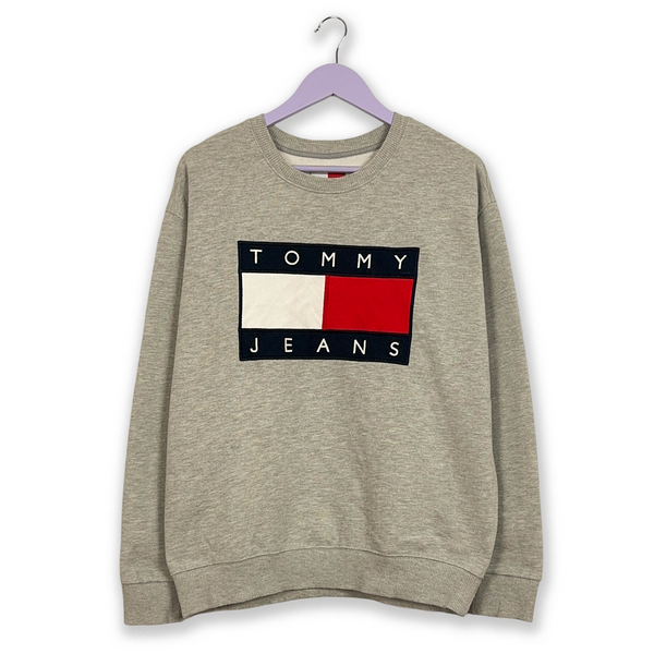 Felpa Tommy Hilfiger a girocollo grigia con logo grande ricamato - Taglia L