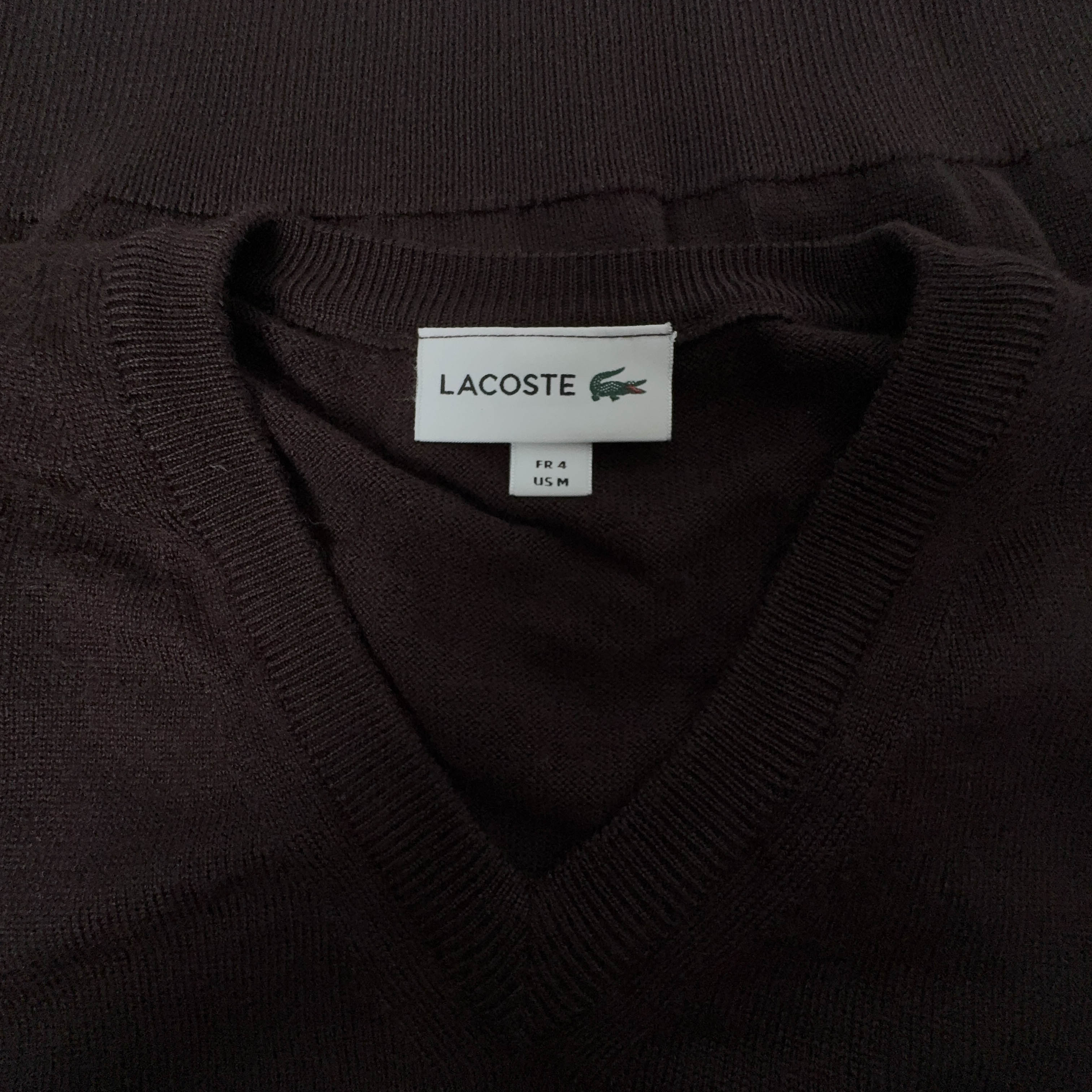 Maglione Lacoste marrone scuro 50% lana scollo a V - Taglia 4 M uomo