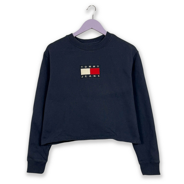 Felpa Tommy Hilfiger corta blu scuro a girocollo con logo sul fronte - Taglia L donna