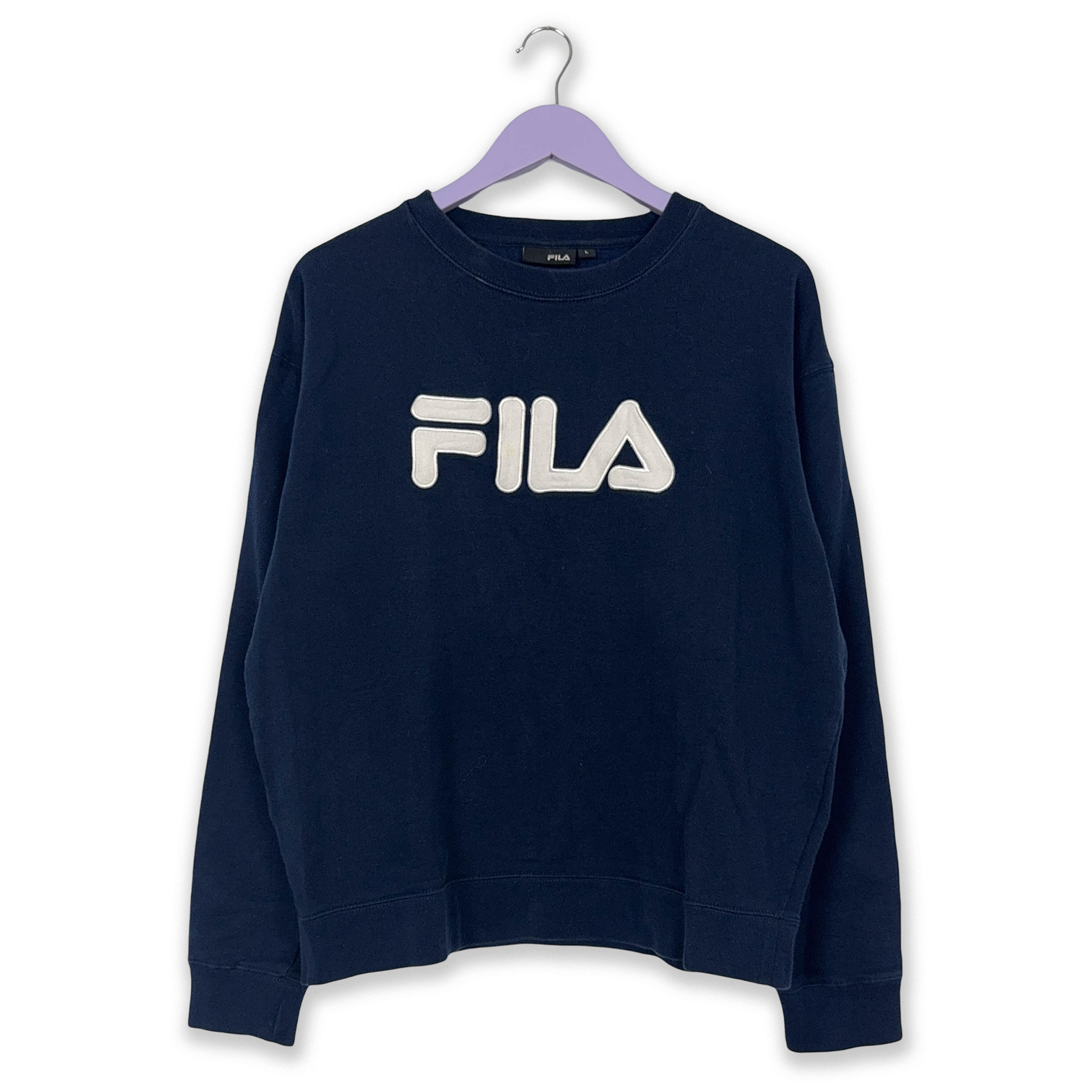 Felpa Fila Vintage blu scuro in cotone a girocollo logo ricamato grande anni 2000 - Taglia L uomo
