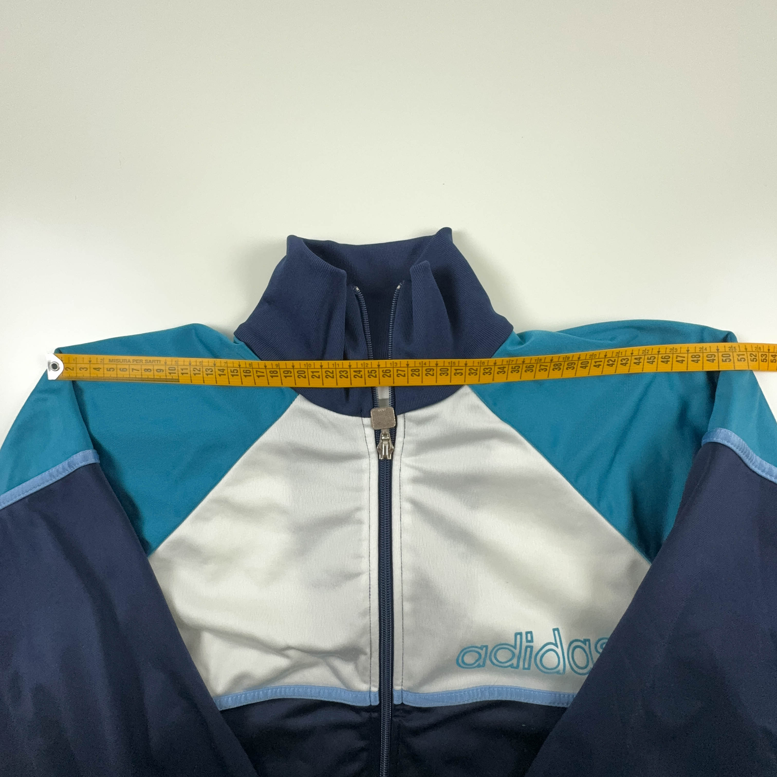 Felpa Adidas Vintage blu scuro e bianco con zip anni 90 - Taglia 168 uomo