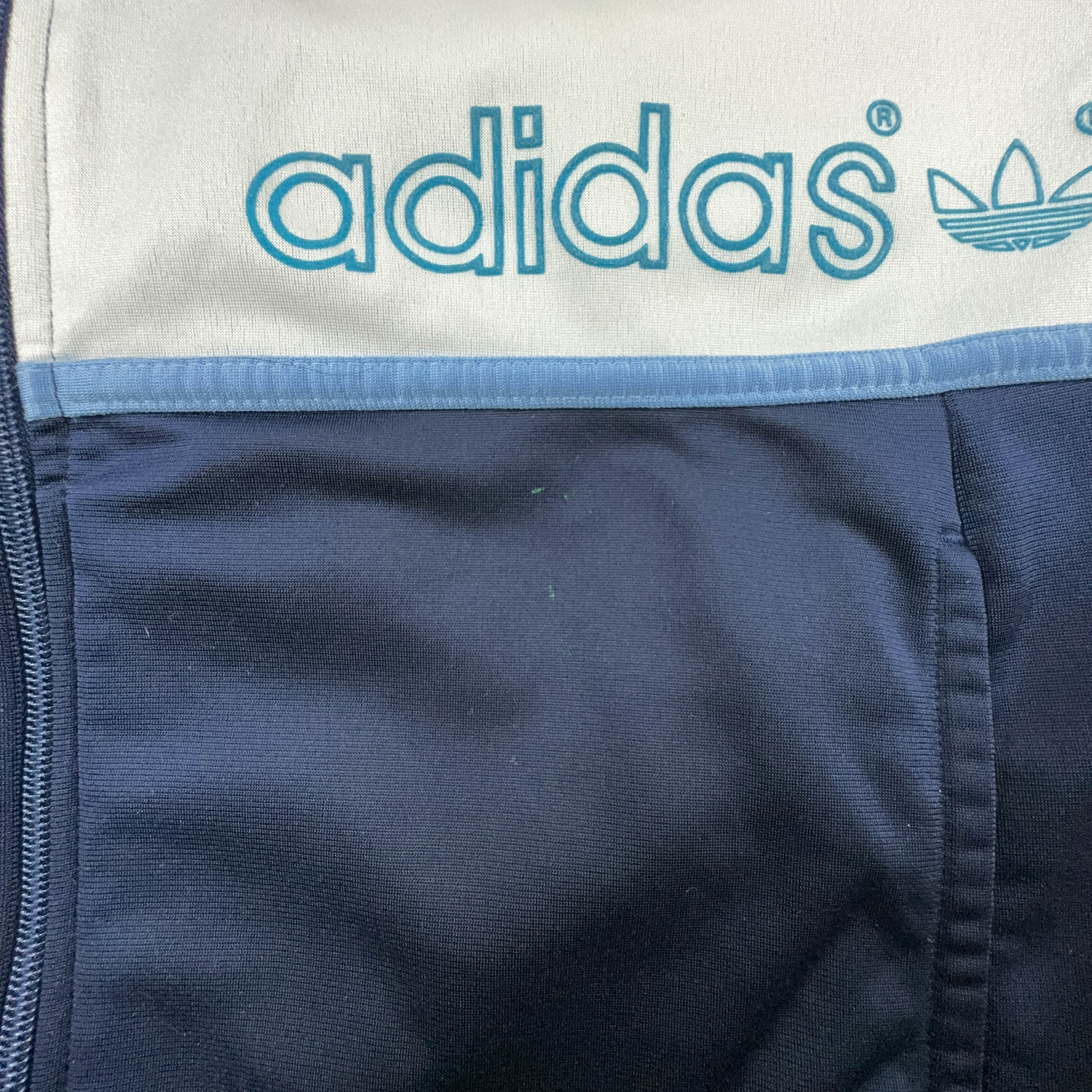 Felpa Adidas Vintage blu scuro e bianco con zip anni 90 - Taglia 168 uomo