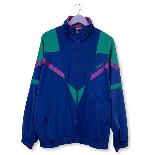 Felpa Fila Vintage blu e viola con zip e logo ricamato anni 90 - Taglia I54 uomo