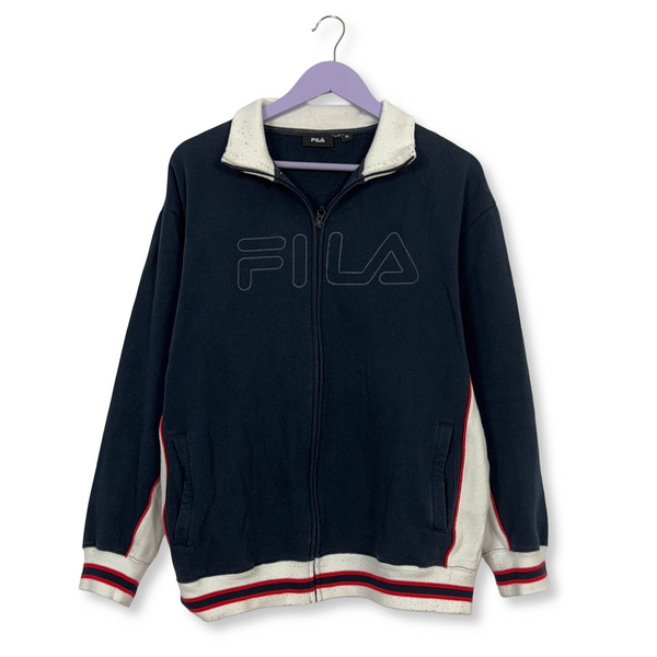 Felpa Fila Vintage blu e bianca con zip 80% cotone anni 2000 - Taglia L/XL uomo