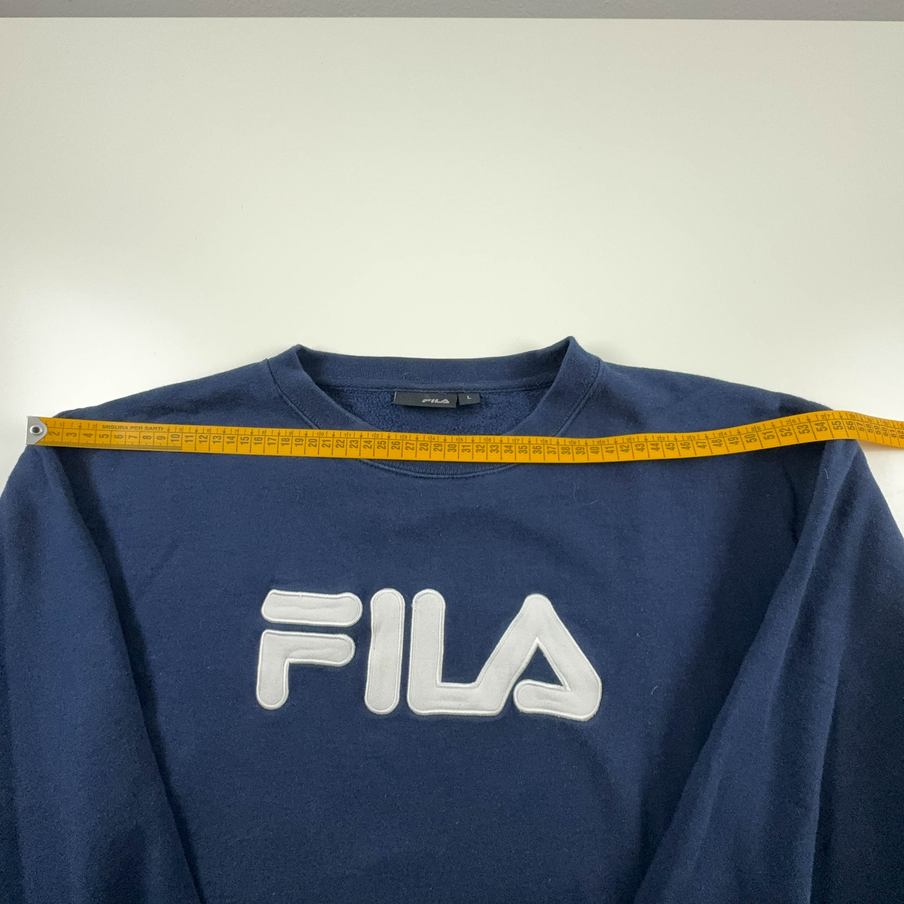 Felpa Fila Vintage blu scuro in cotone a girocollo logo ricamato grande anni 2000 - Taglia L uomo