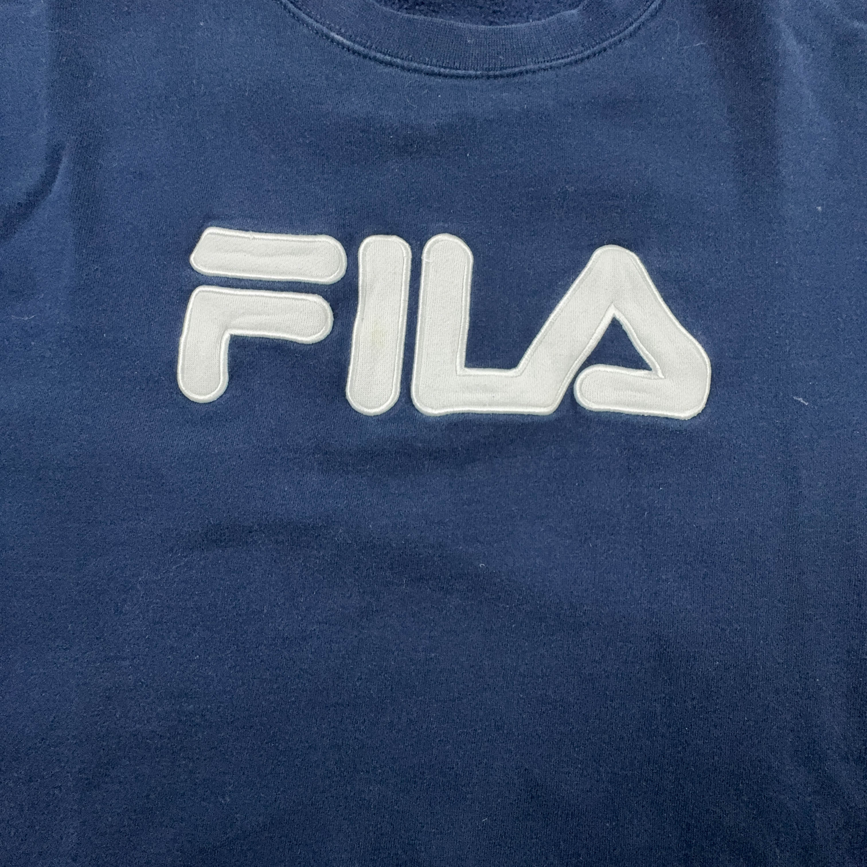 Felpa Fila Vintage blu scuro in cotone a girocollo logo ricamato grande anni 2000 - Taglia L uomo