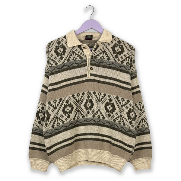 Maglione Vintage con bottoni 30% lana beige a righe fantasia Made in Italy - Taglia 50 uomo