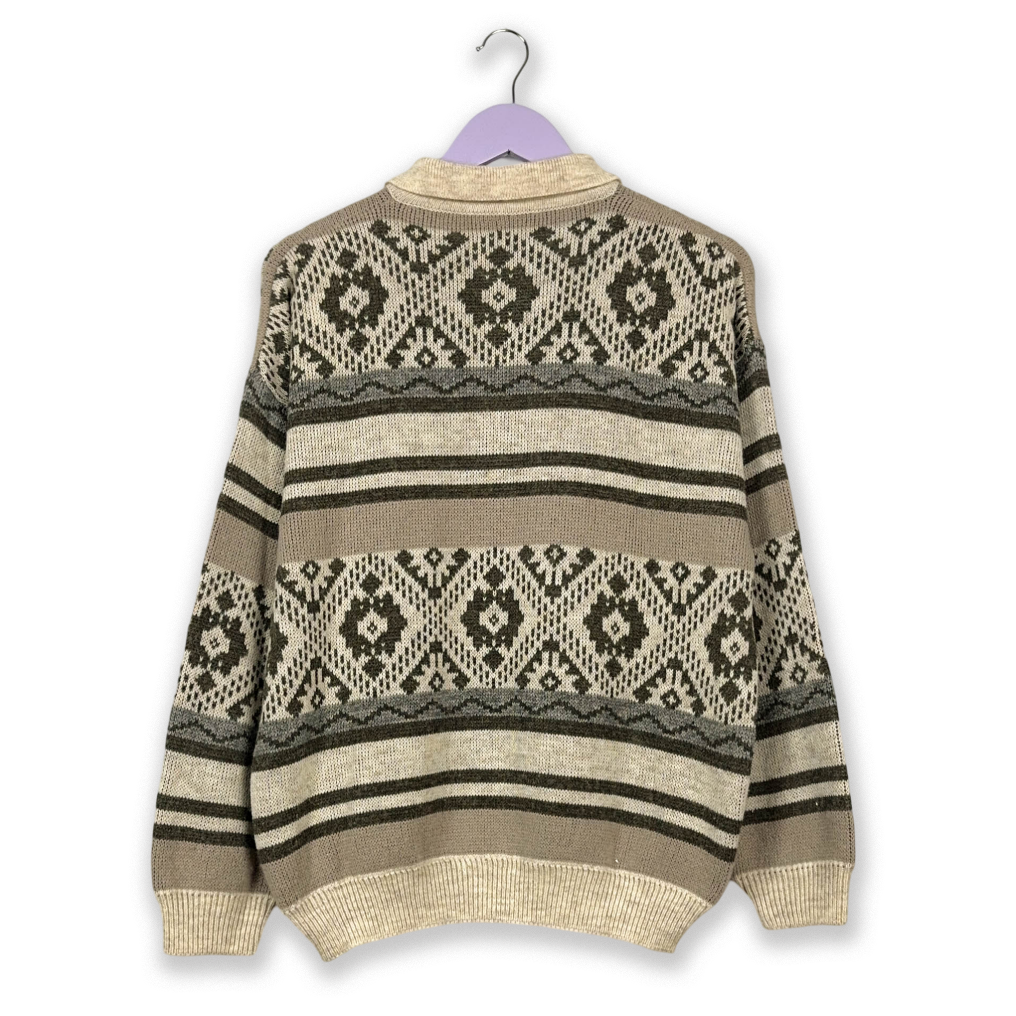 Maglione Vintage con bottoni 30% lana beige a righe fantasia Made in Italy - Taglia 50 uomo