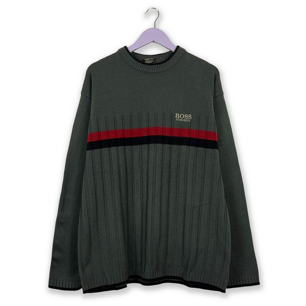 Maglione Hugo Boss Vintage a girocollo grigio a righe - Taglia XXL uomo