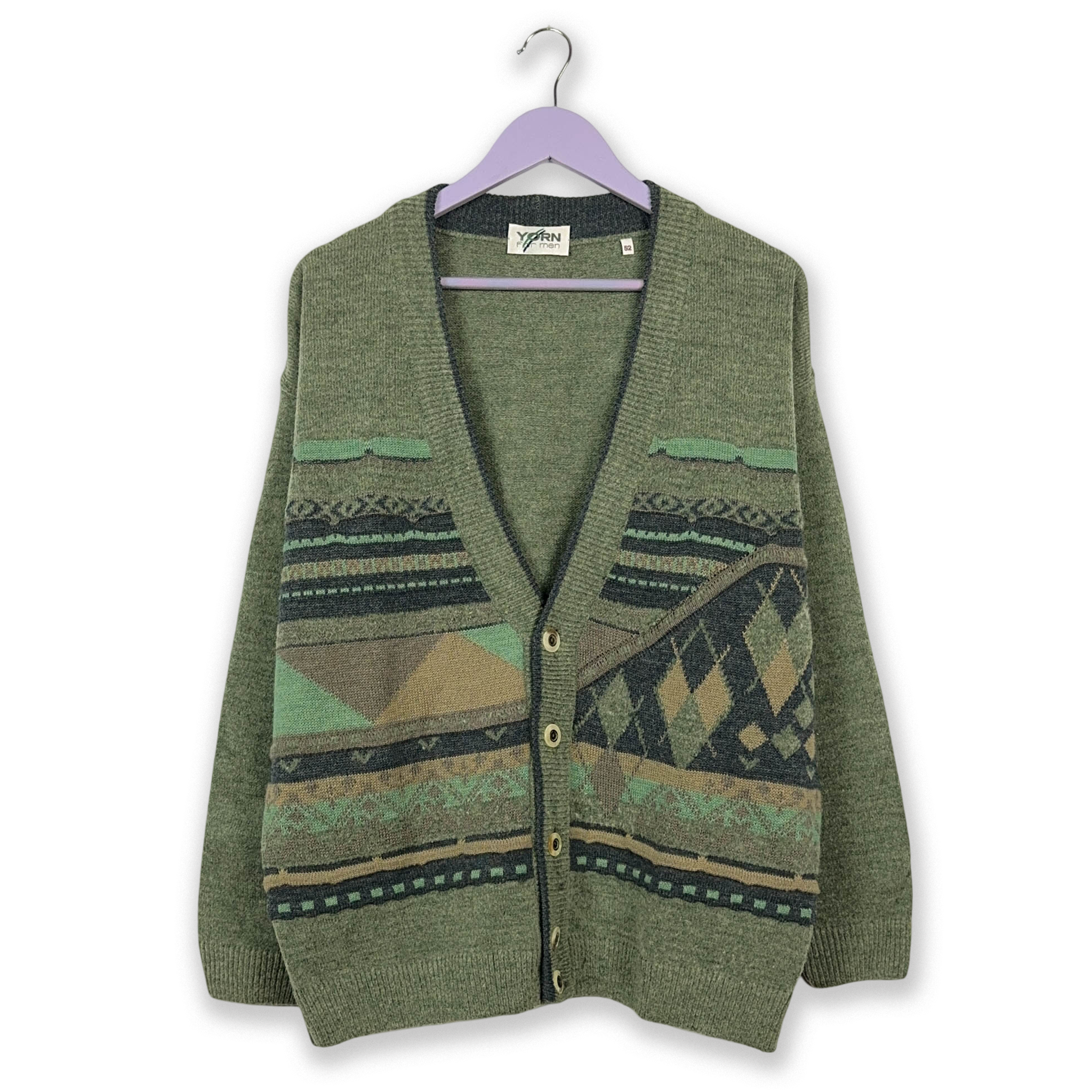 Cardigan Vintage Yorn verde chiaro 60% lana a fantasia geometrica  - Taglia 52 uomo