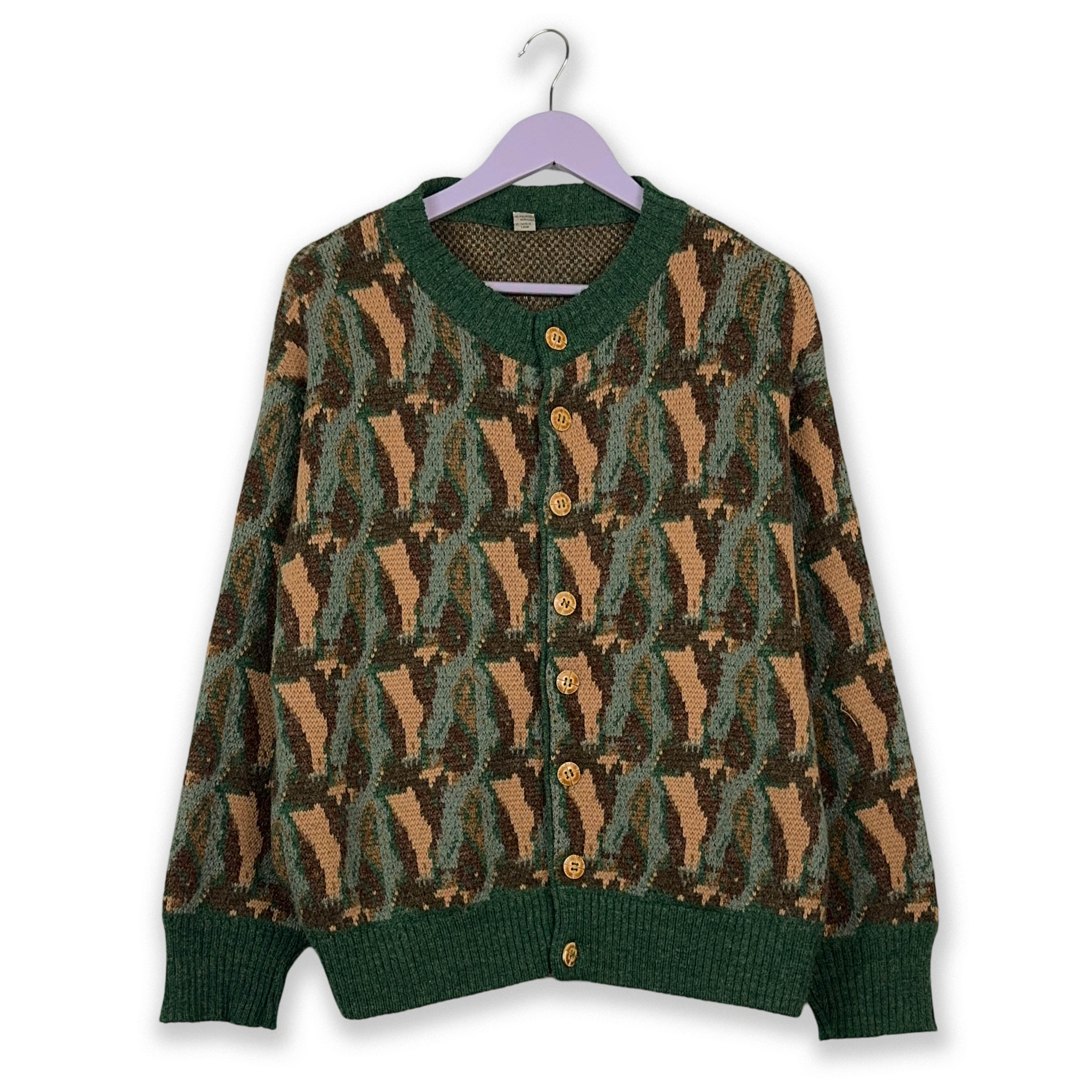 Cardigan Vintage marrone e verde con bottoni a fantasia 30% lana - Taglia M uomo