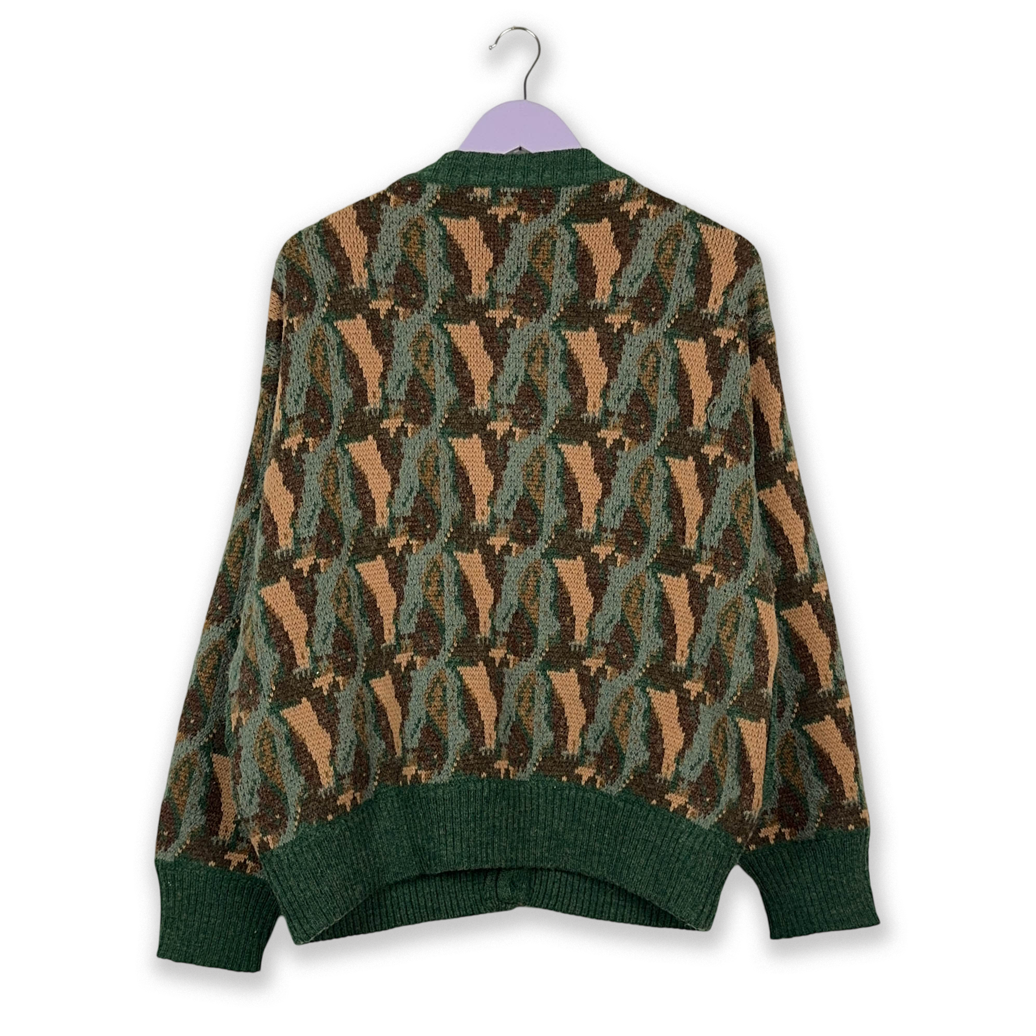 Cardigan Vintage marrone e verde con bottoni a fantasia 30% lana - Taglia M uomo