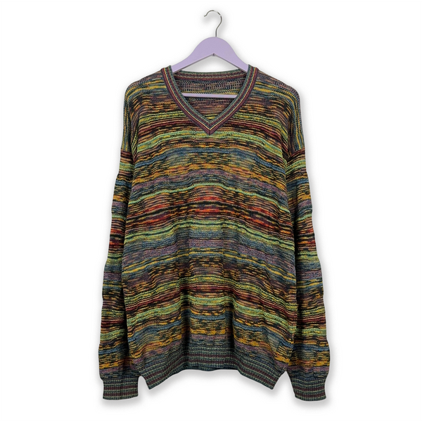 Maglione Vintage a righe fantasia multicolore con scollo a V - Taglia XL uomo