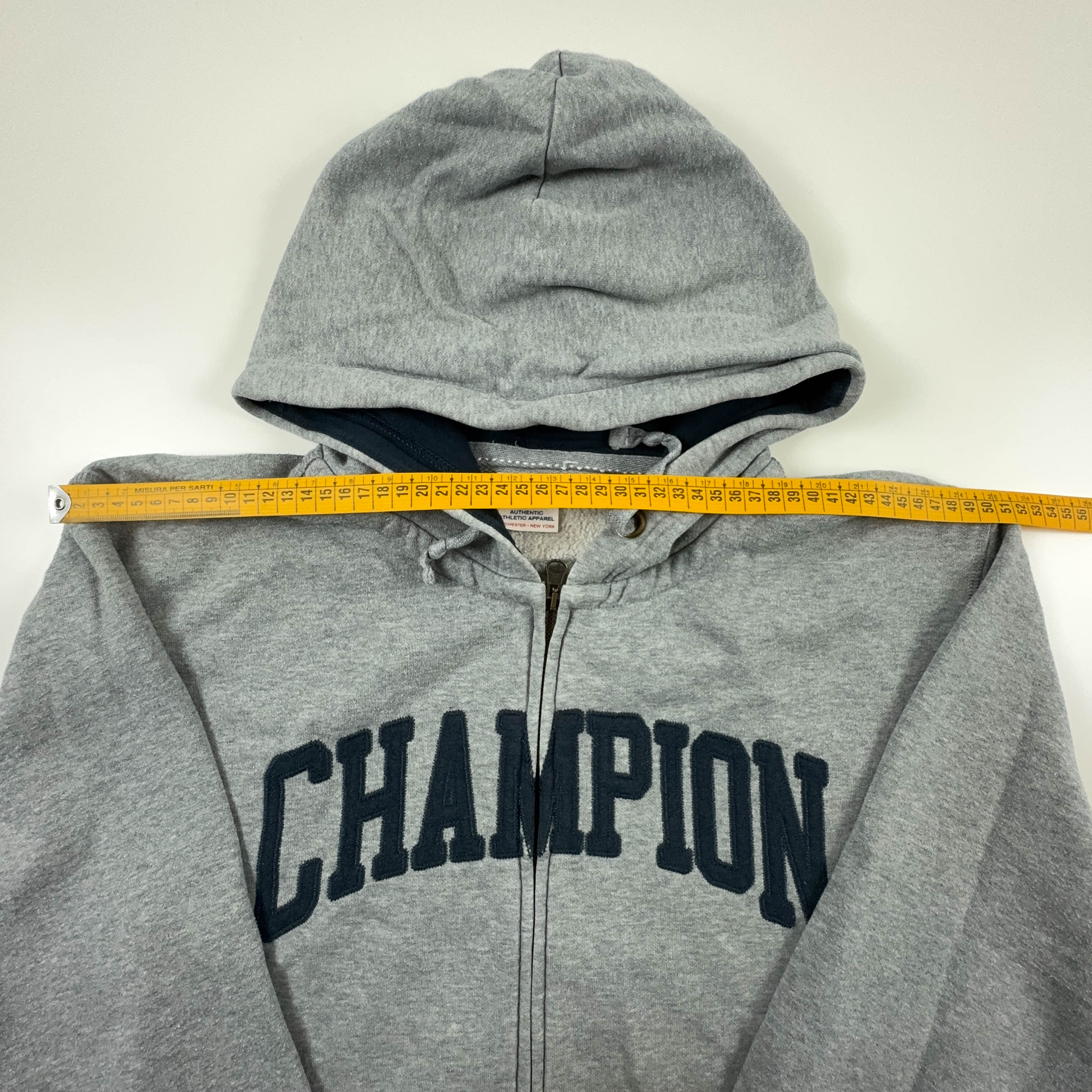 Felpa Champion Vintage grigia con cappuccio logo grande ricamato anni 90 - Taglia L/XL uomo