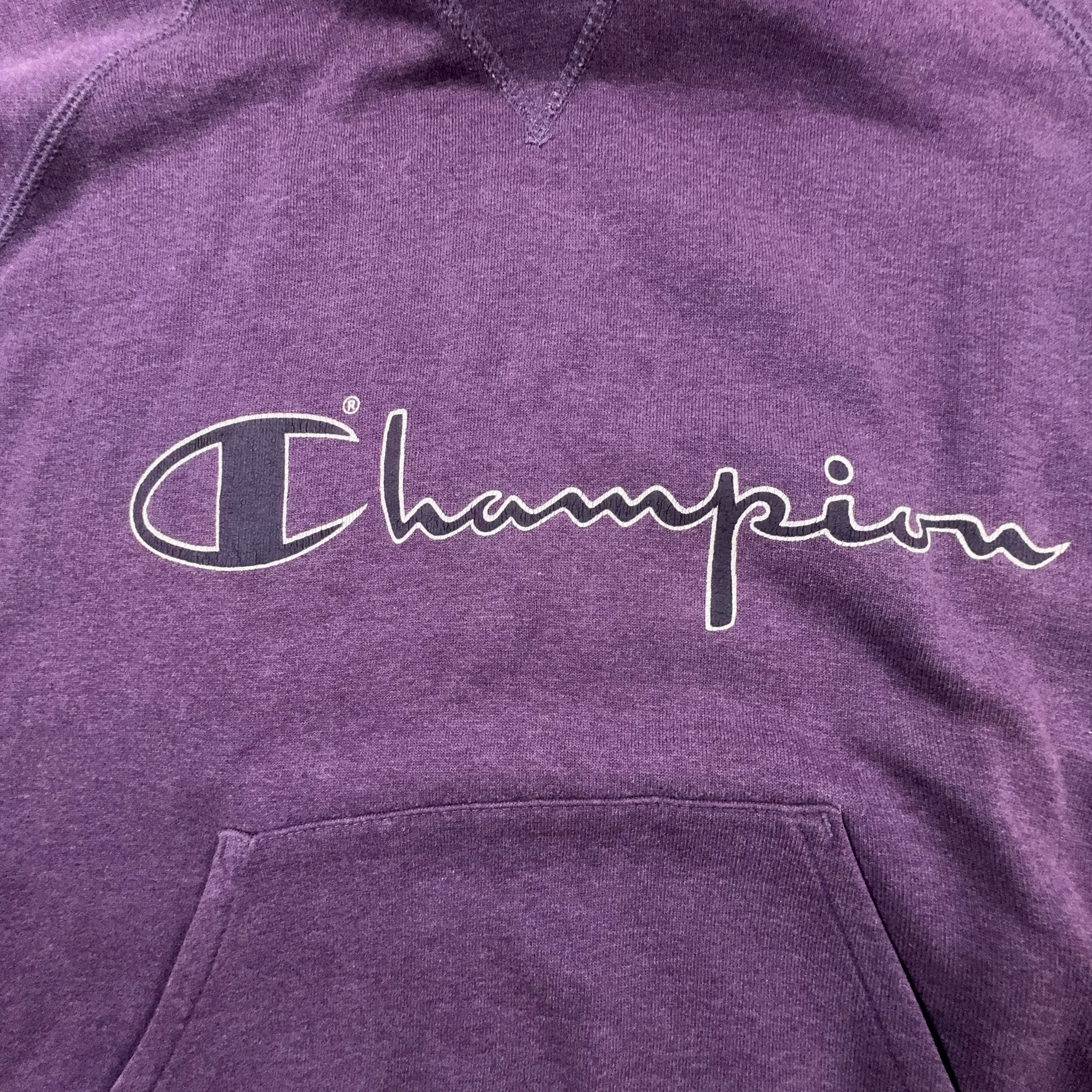 Felpa Champion viola con cappuccio in cotone logo grande stampato anni 2000 - Taglia S uomo