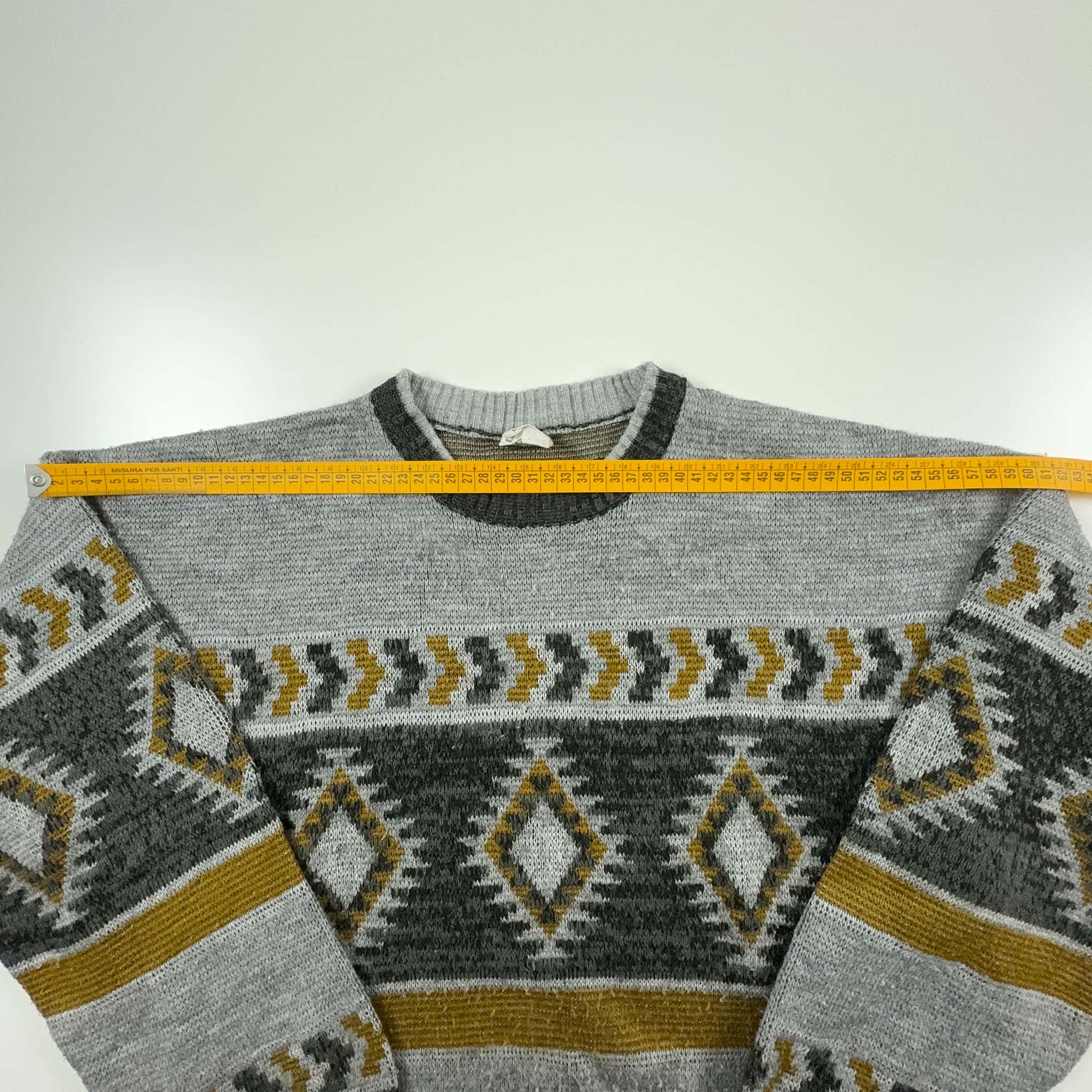 Maglione Vintage a girocollo grigio a fantasia geometrica - Taglia L uomo