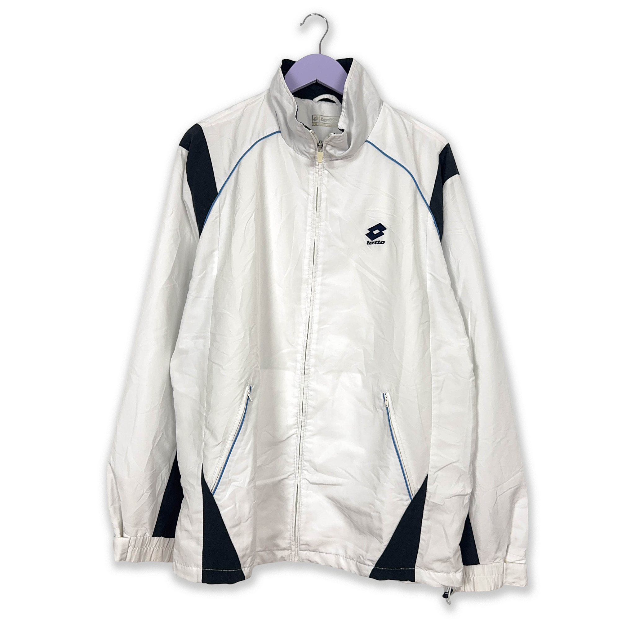 Giacca a vento Lotto Vintage bianca e nera con zip anni 2000 - Taglia XL/XXL uomo