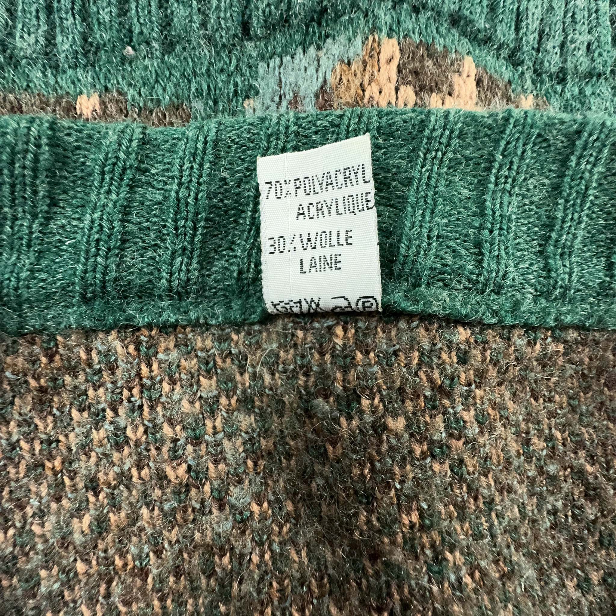 Cardigan Vintage marrone e verde con bottoni a fantasia 30% lana - Taglia M uomo