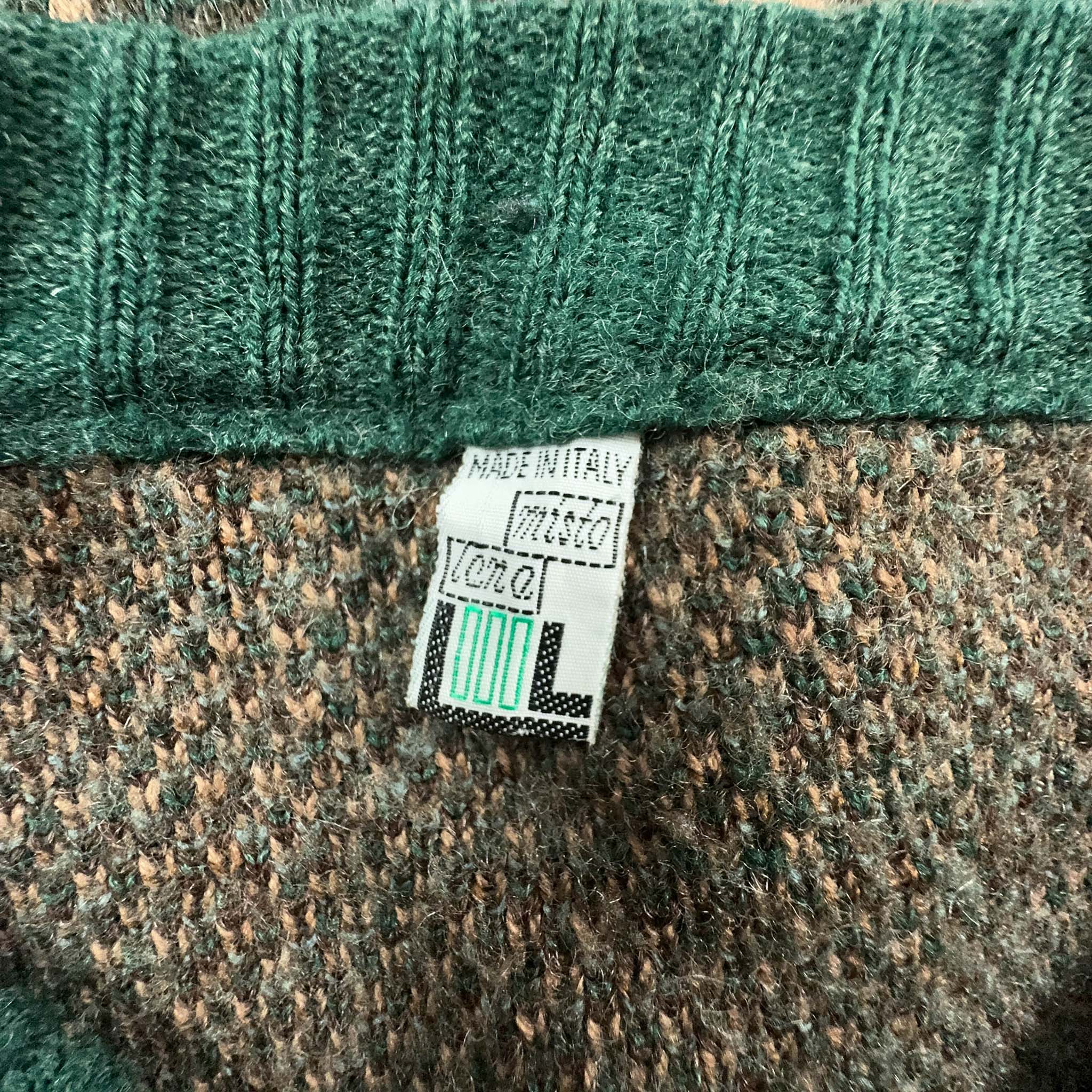 Cardigan Vintage marrone e verde con bottoni a fantasia 30% lana - Taglia M uomo