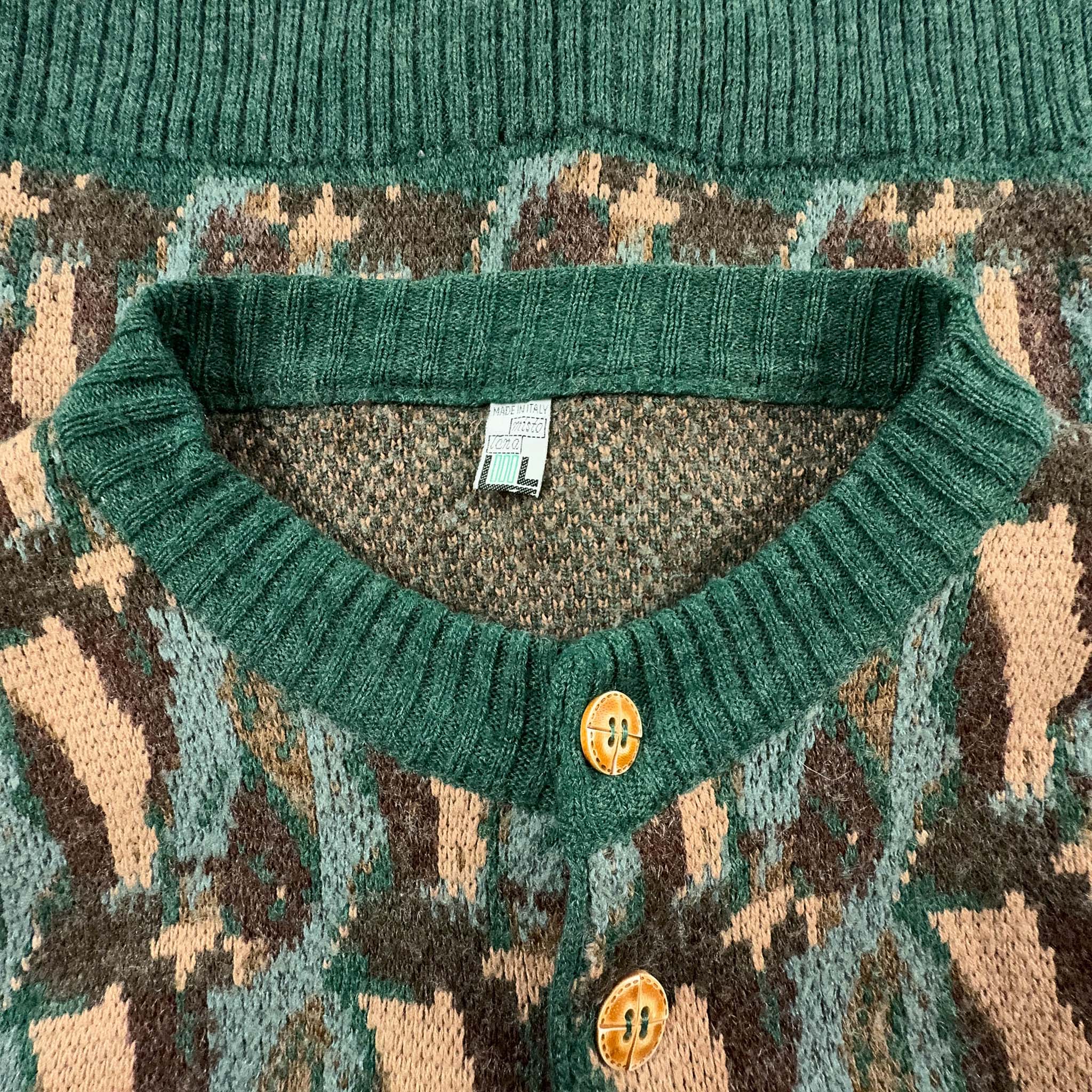 Cardigan Vintage marrone e verde con bottoni a fantasia 30% lana - Taglia M uomo