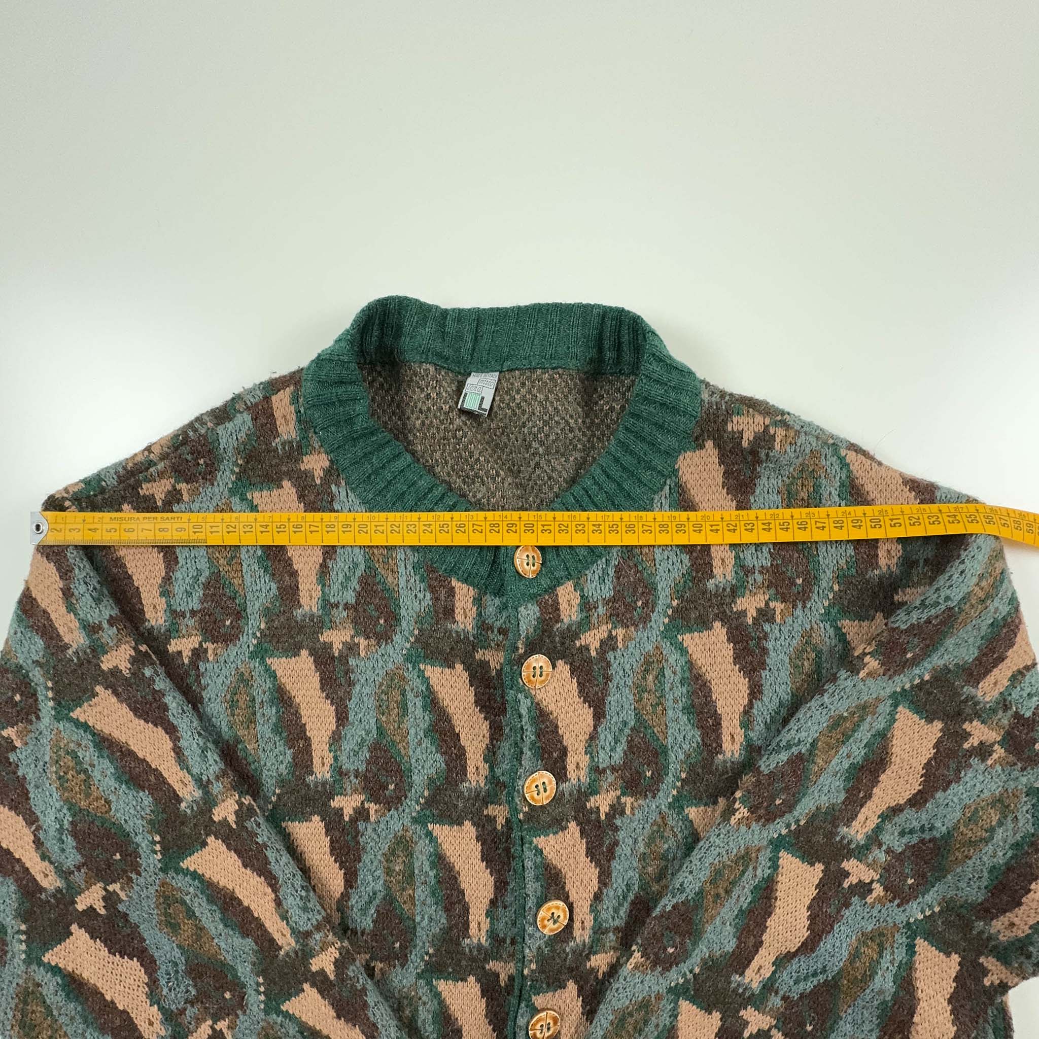 Cardigan Vintage marrone e verde con bottoni a fantasia 30% lana - Taglia M uomo