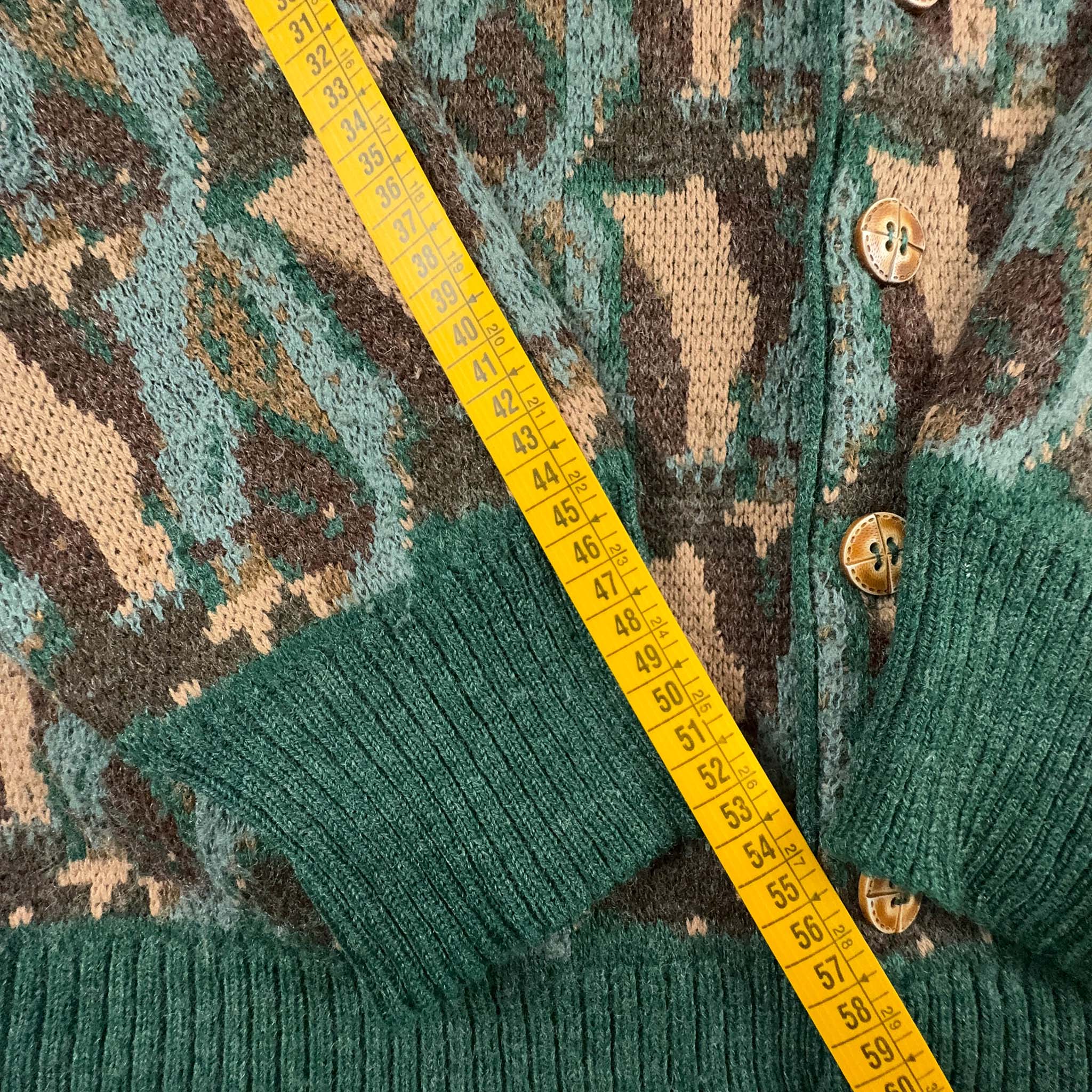 Cardigan Vintage marrone e verde con bottoni a fantasia 30% lana - Taglia M uomo