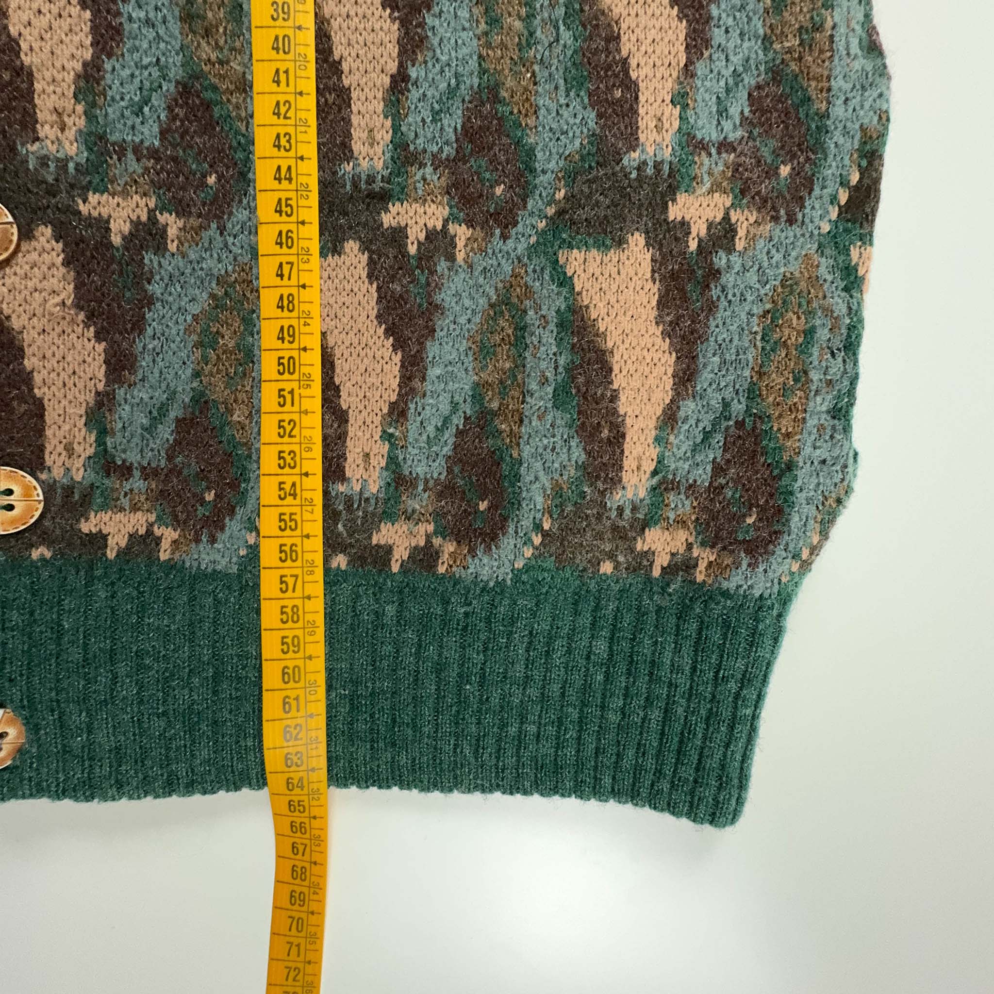 Cardigan Vintage marrone e verde con bottoni a fantasia 30% lana - Taglia M uomo