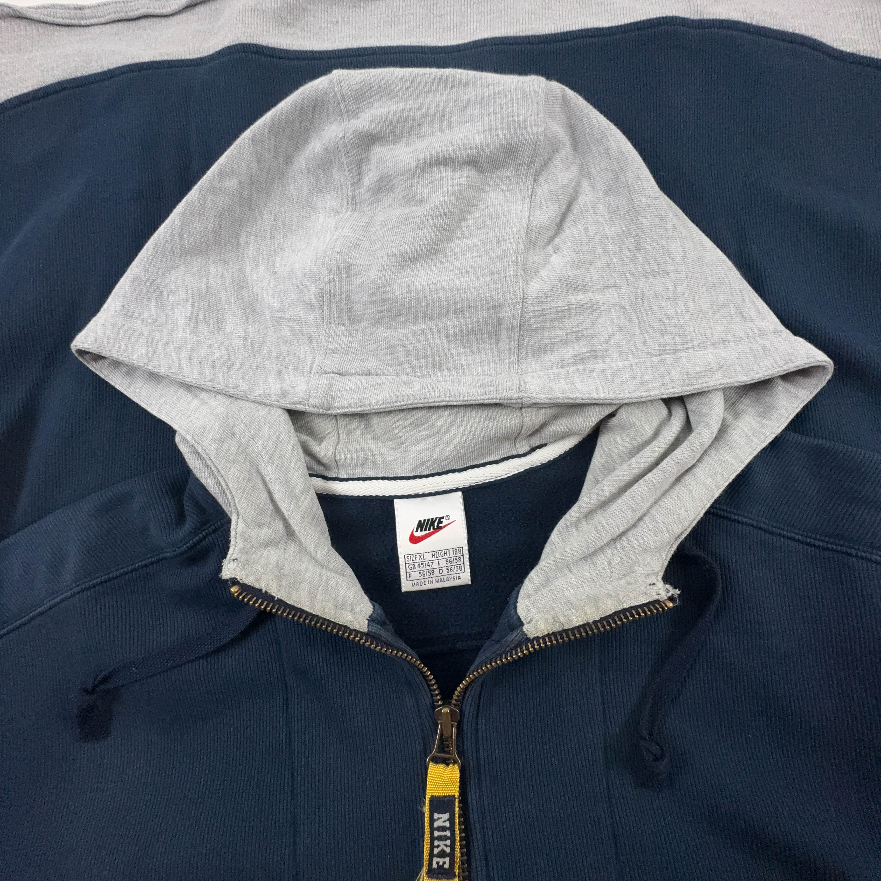 Felpa Nike Vintage blu e grigia con zip e cappuccio 80% cotone anni 90 - Taglia XL 188 uomo