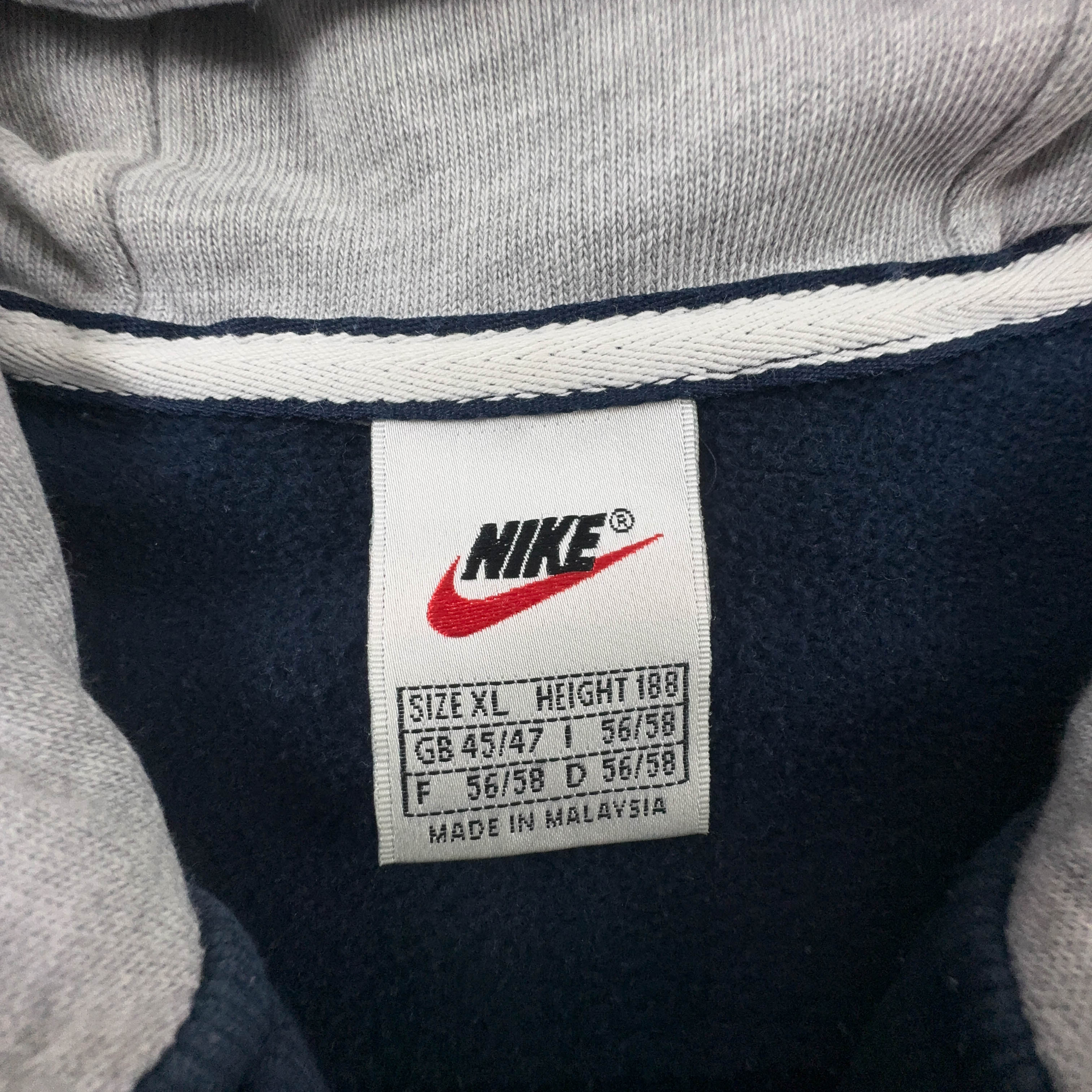 Felpa Nike Vintage blu e grigia con zip e cappuccio 80% cotone anni 90 - Taglia XL 188 uomo