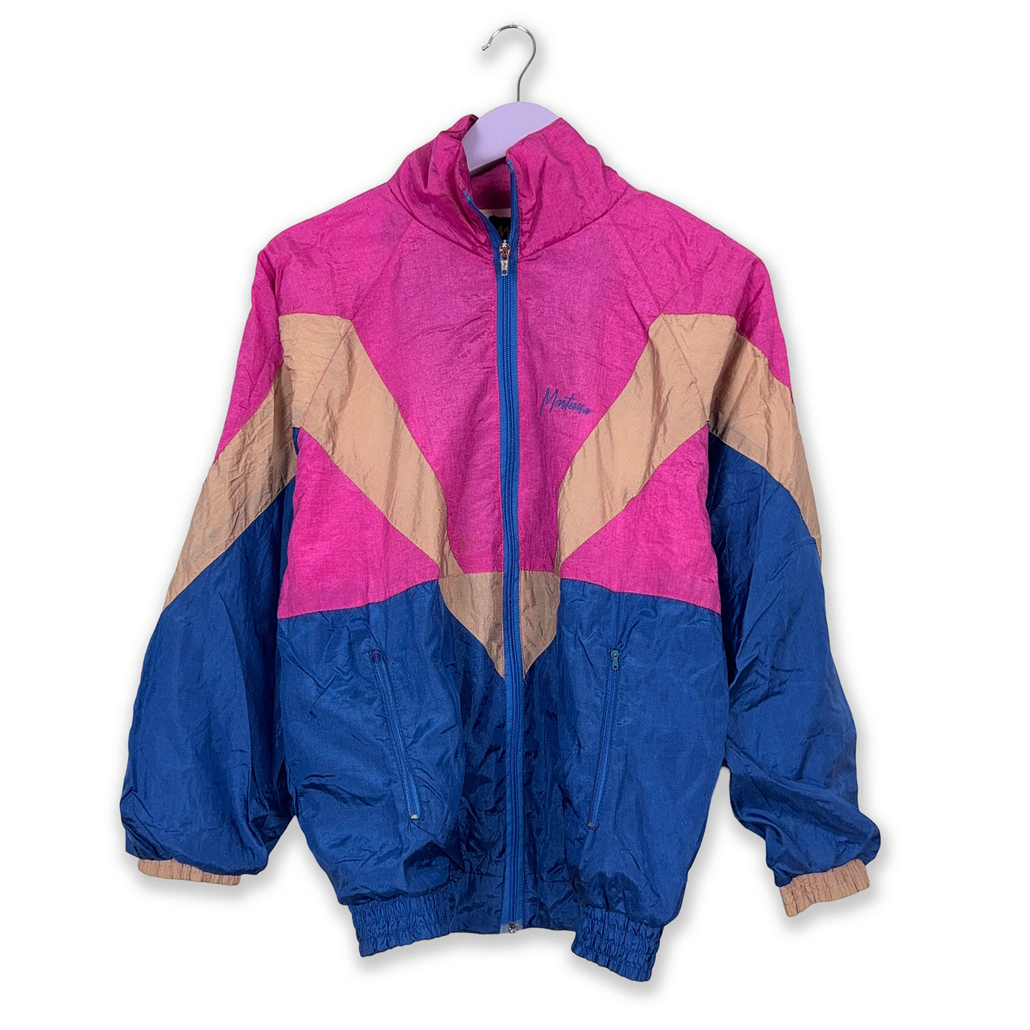 Montana Vintage Blue and Pink Geometric Zip Up Windbreaker Jacket 80s 90s - Size 48 Men